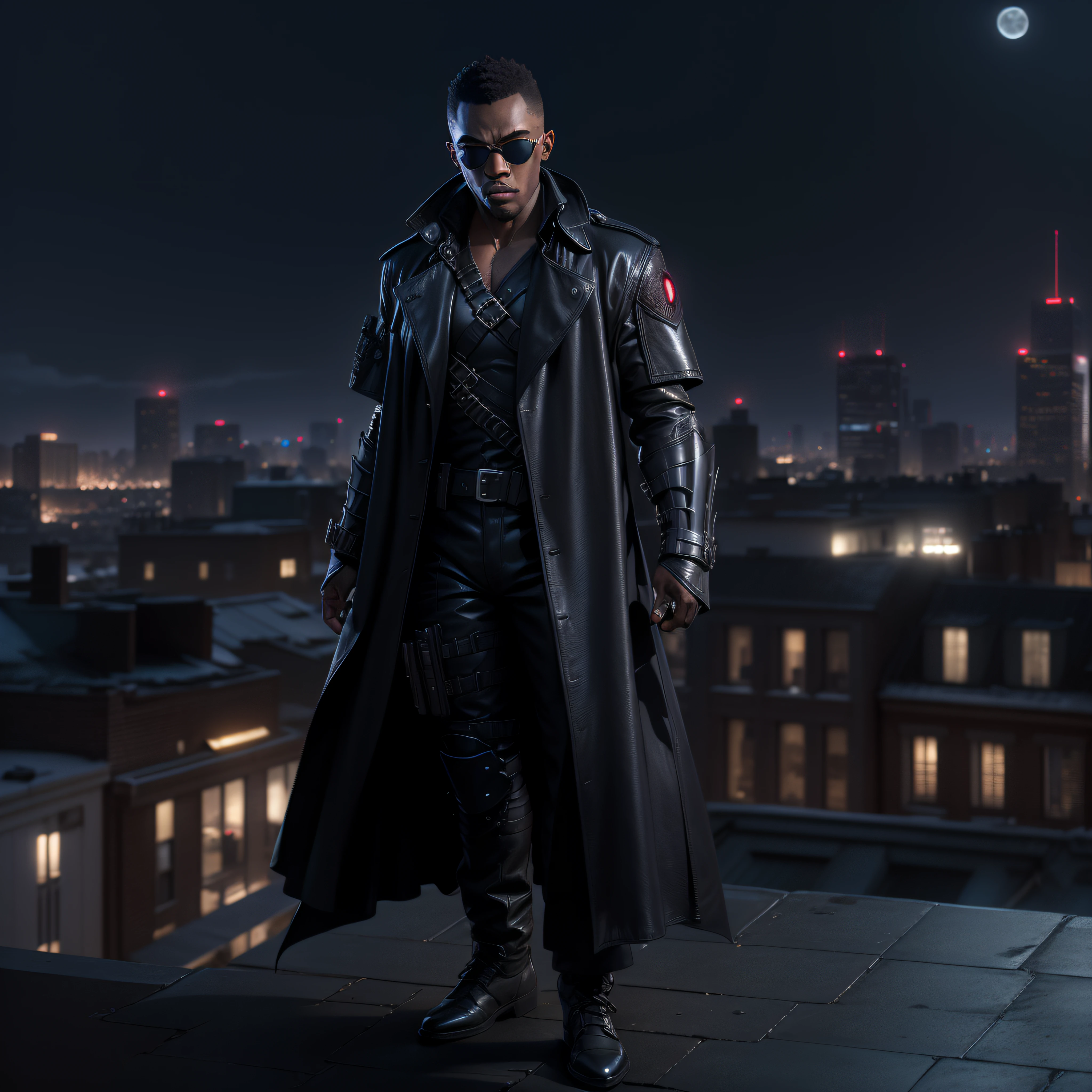 (Masterpiece, Superb Quality, Super Delicate, High Resolution) Vampire Daywalker, photo-realistic, octane render, unreal engine, ultra-realistic, (((Marvel comic's BLADE))) (((wearing shades))) (((wearing all black tactical armor))) (((black leather trench coat))) (((Sword on his back))) (((on a City rooftop))), moon in the background, ultra-realistic, Masterpiece, octane render, unreal engine