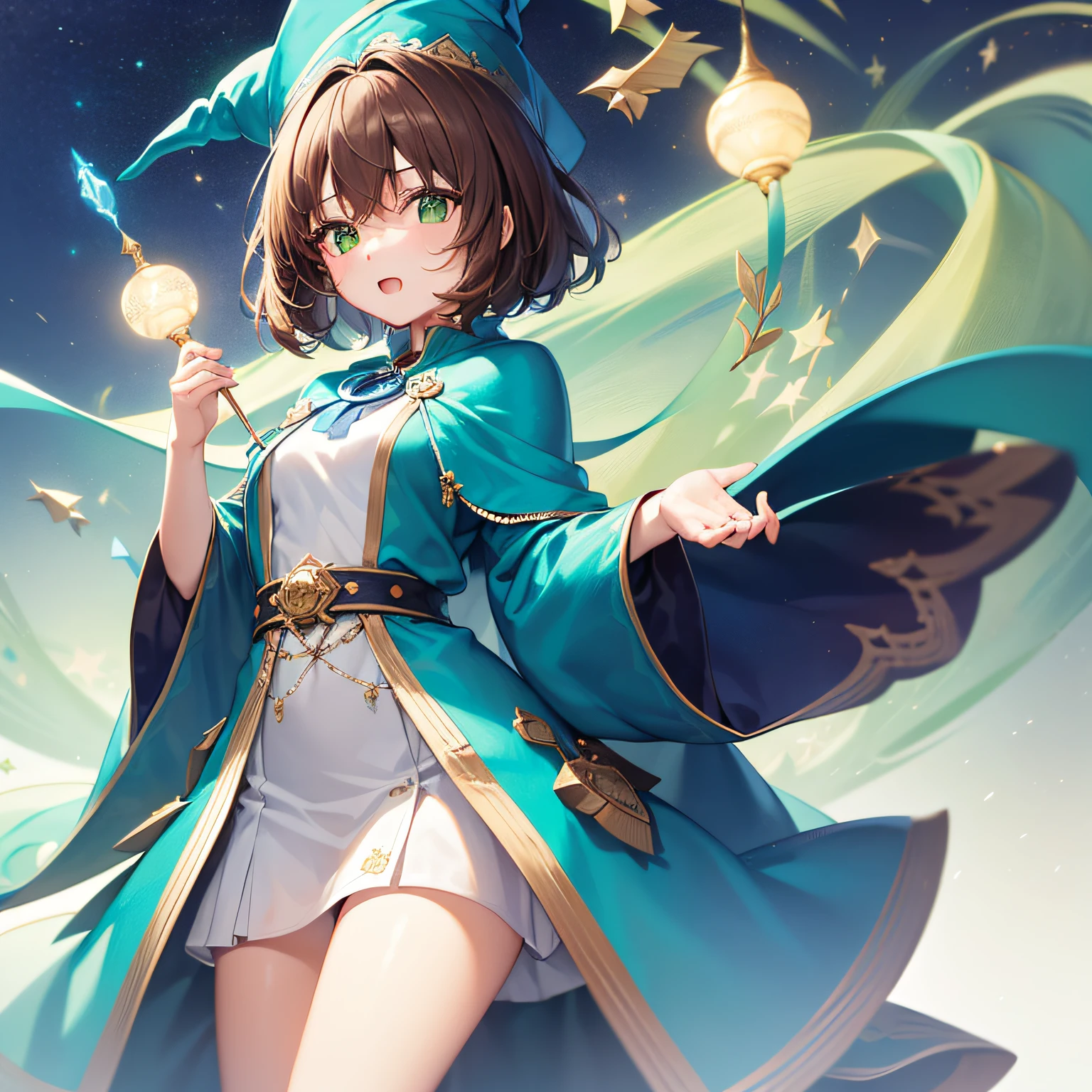 top-quality、extremely delicate and beautiful、((A teenage girl))、Green eyes、Small breasts、Short hair、Brown hair mixed in、Short hair、(Green Wizard Hat)、（a large blue ribbon on the head）Soio、Green clothing、long-sleeve、Red brooch on the neck、((Blue wizard robe dressed in green))、Standing
