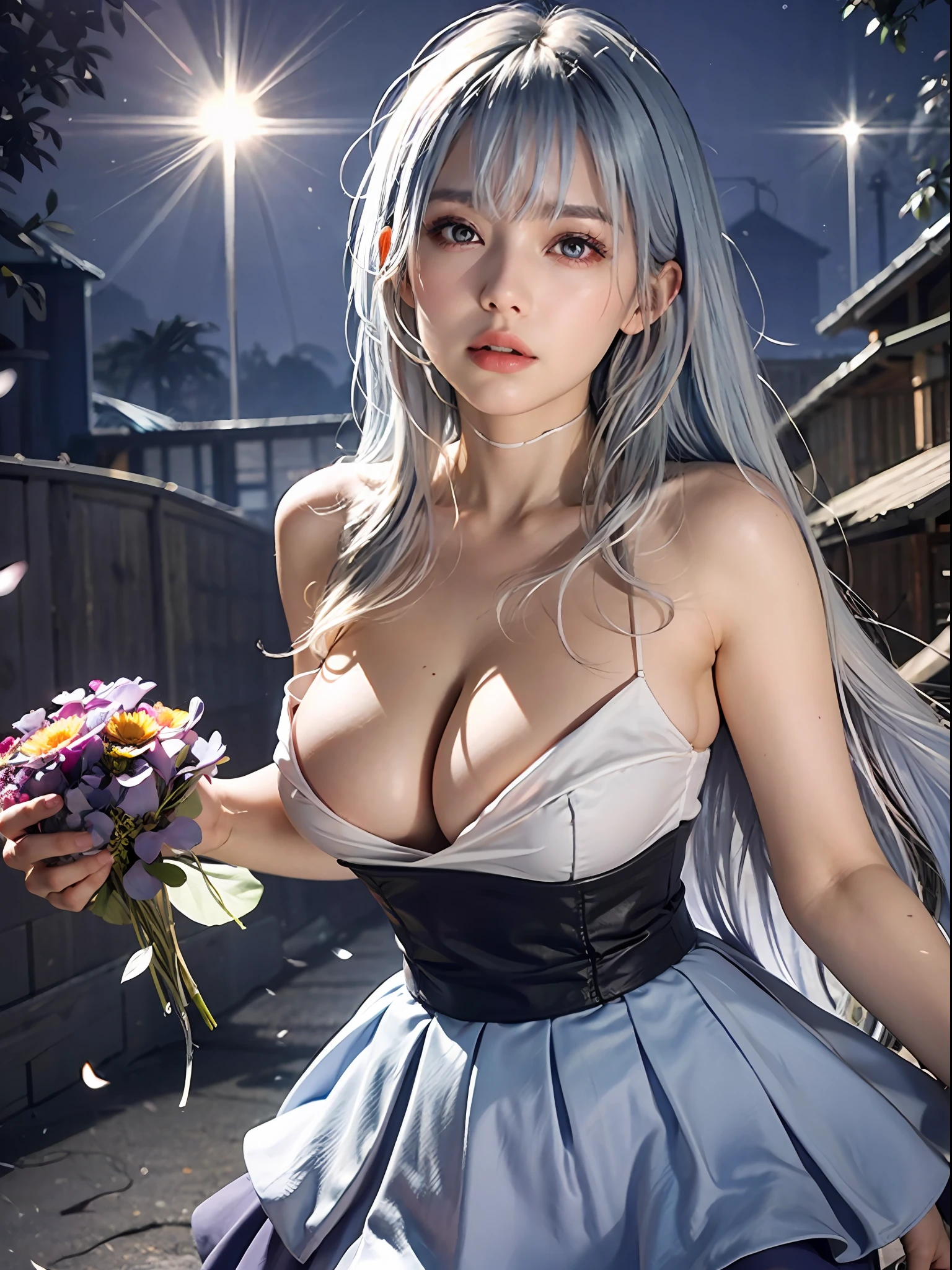 realisticlying,1girll,White hair,Purple eye,glowing light eyes,Cut the top,a skirt,parted lip,Be red in the face,the night,fresh flowers,suns,rays of sunshine,huge tit,Blush,