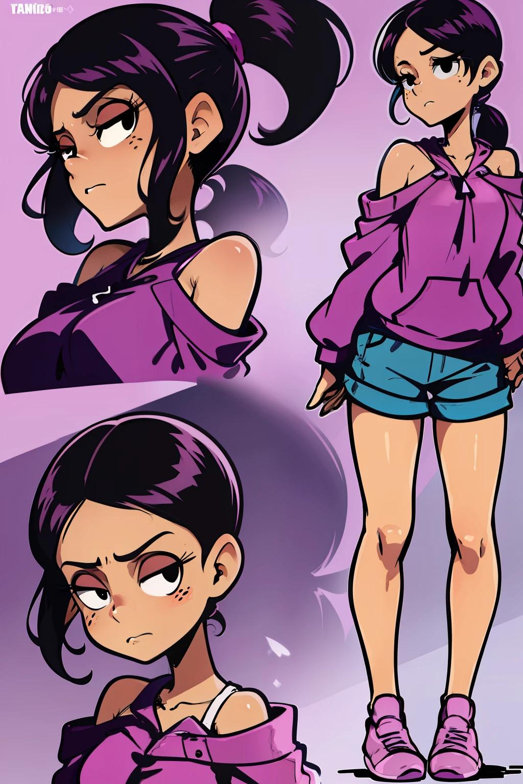 Ronnie Anne, purple hoodie, shorts, black eyes, ponytail, tanned skin, full body, (same character front, back, side view) cartoon-anime, Bare arms, Sweatshirt that does not cover arms, Off Shoulder Sweatshirt