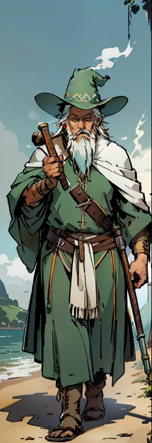 old male wizard, long hat, white beard, smoking a pipe, holding a staff, with green vests, walking in a beach at sunrise,  RPG, fantasy medieval illustration