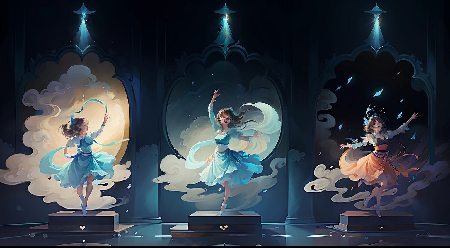 Four teenage girls，The dress is flowing，Played，singing and dancing，Clouds，The colors are quaint，The light is gentle，