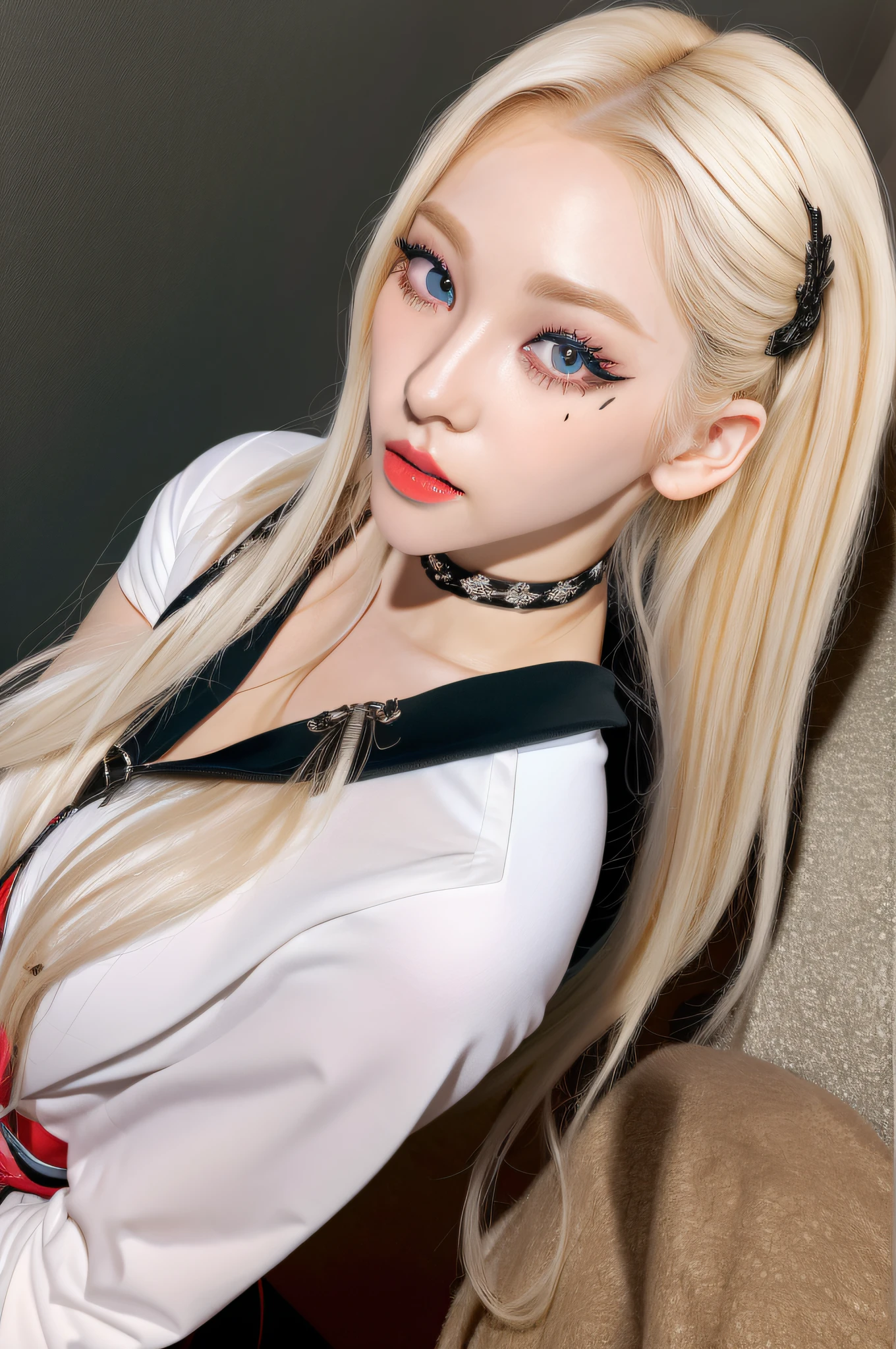 (8k, 4k, best quality, highres, ultra high res:1.1), (masterpiece, realistic, photo-realistic:1.1), 1girl,  face, close-up, twintails, blonde hair, black eyes, red lips,  (looking at viewer:2), absurdly long hair, long eyelashes, eyeshadow,  small face, big eyes,
bare shoulders,
high contrast,
