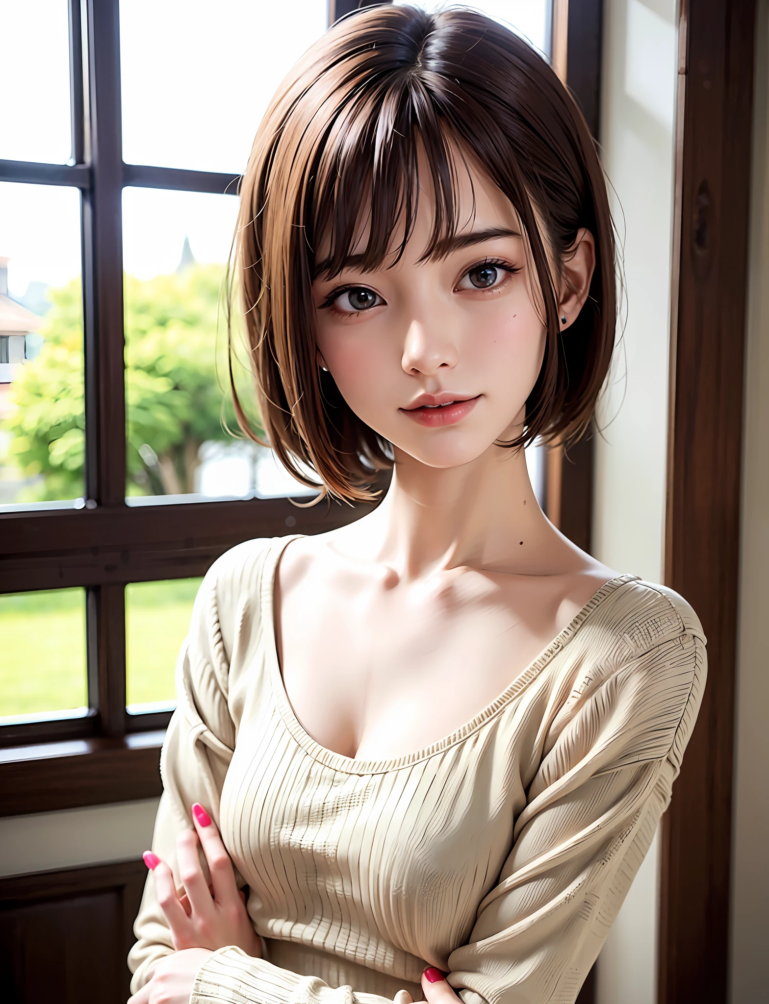 女の子1人、top-quality、realisitic、独奏、depth of fields、Natural light、during daytime、inside in room、魅惑的、lipgloss、beauitful face、Cleanliness、Pure face、de pele branca、kawaii、short-hair、the beach、rays of sunshine、nedium breasts、full body Esbian、((Sweaters、With light brown eyes、Beautiful face of golden proportions、Smaller face、Tall cute supermodels))、long neck、Put your ears out、Clean short bob hair with bangs、Close your mouth and smile happily、Perfect fingers、perfect hand、Perfect body、face perfect、Shine a light into the eyes、Perfect Anatomy