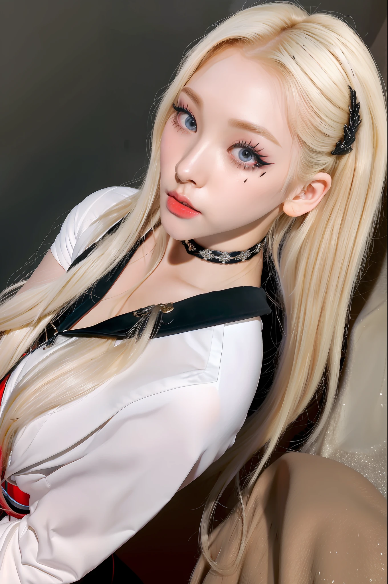 (8k, 4k, best quality, highres, ultra high res:1.1), (masterpiece, realistic, photo-realistic:1.1), 1girl, face, close-up, twintails, blonde hair, black eyes, red lips, (looking at viewer:2), absurdly long hair, long eyelashes, eyeshadow, small face, big eyes,
bare shoulders,
high contrast,