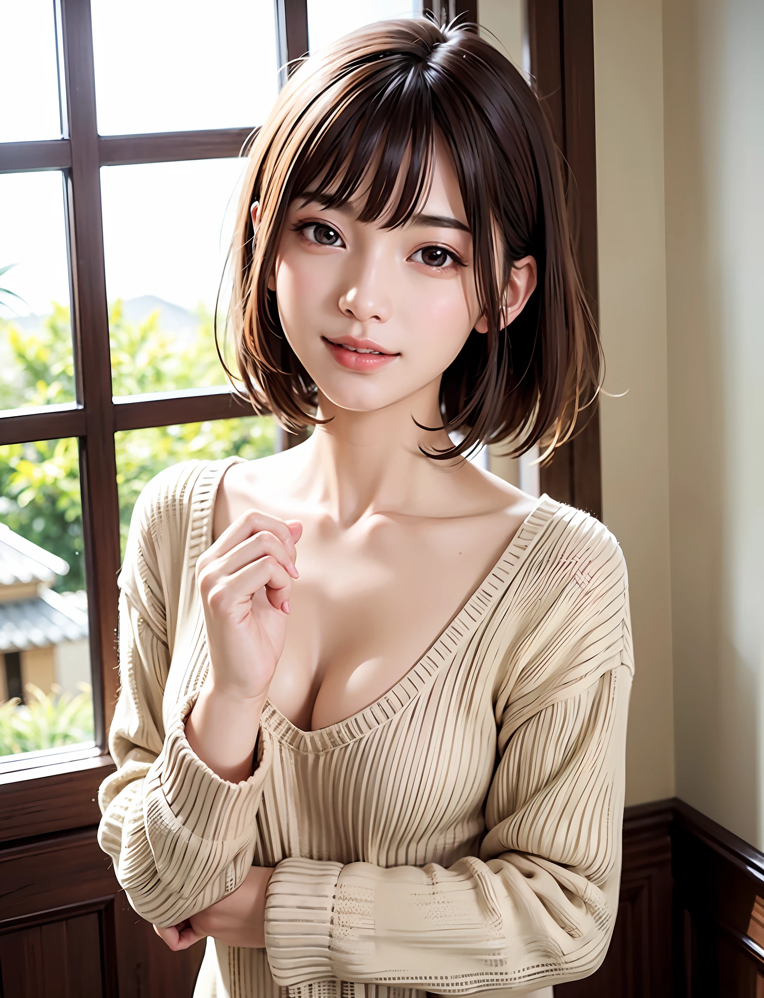 女の子1人、top-quality、realisitic、独奏、depth of fields、Natural light、during daytime、inside in room、魅惑的、lipgloss、beauitful face、Cleanliness、Pure face、de pele branca、kawaii、short-hair、the beach、rays of sunshine、nedium breasts、full body Esbian、((Sweaters、With light brown eyes、Beautiful face of golden proportions、Smaller face、Tall cute supermodels))、long neck、Put your ears out、Clean short bob hair with bangs、Close your mouth and smile happily、Perfect fingers、perfect hand、Perfect body、face perfect、Shine a light into the eyes、Perfect Anatomy