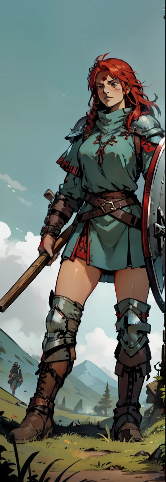 fantasy medieval illustration, female viking, warrior, red hair, holding an ax and a shield, leader boots and gloves, offensive position, anger face