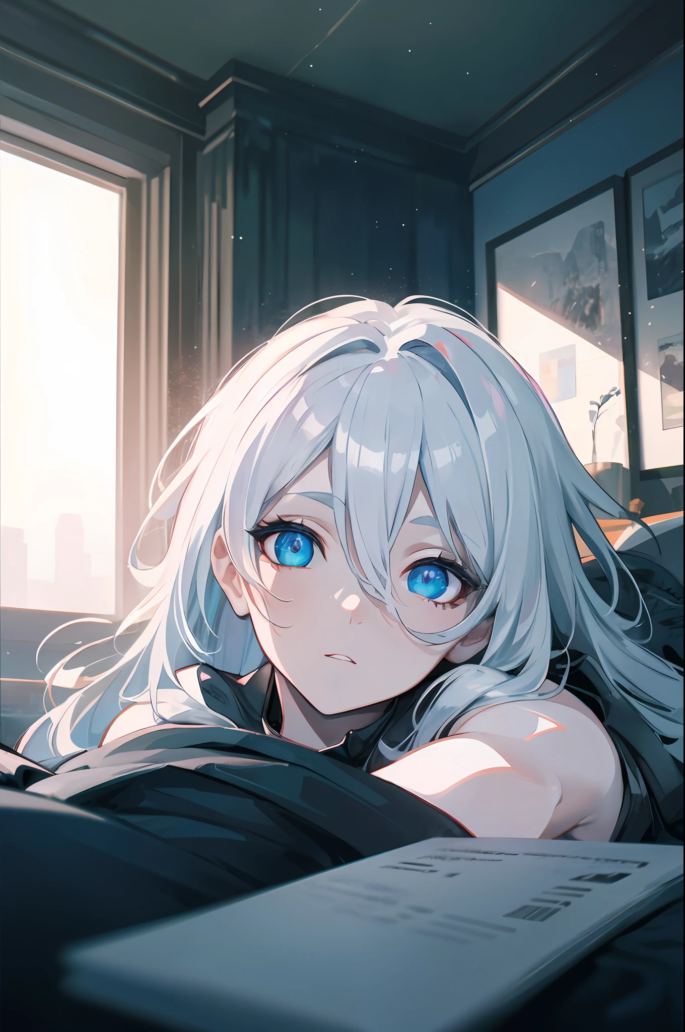 science-fiction, properly proportioned:1.2, (shapely body: 1.4), a 1girl, lying in bed, covered with blanket, Cyberpunk bedroom, Lots of books in the room, disarray, Lots of pillows, Things on the floor, Detailed room, (Long white hair:1.4), (blue eyes:1.2), (Detailed eyes and face:1.5), big white t-shirt, black short pants, (calm face:1.3), Wire, HDR (High Dynamic Range), ray traced, NVIDIA RTX, Over-resolution, Unreal 5, sub-surface Scattering, текстурирование PBR, postprocessed, Anisotropic filtering, Depth of field, Maximum clarity and sharpness, Multi-layer Textures, Albedo and specular maps, Surface shading, Accurate Light-Material Interaction Simulation, Octane rendering, duotone lighting, Low ISO, White balance, the rule of thirds, Wide aperture, 8K RAW, efficient sub-pixel, sub-pixel convolution, (luminescent particles: 1.4), {{tmasterpiece, beste-Qualit, extremely detailed CGI, Unity 8k壁纸, 3d, 电影灯光, lens flares}},
