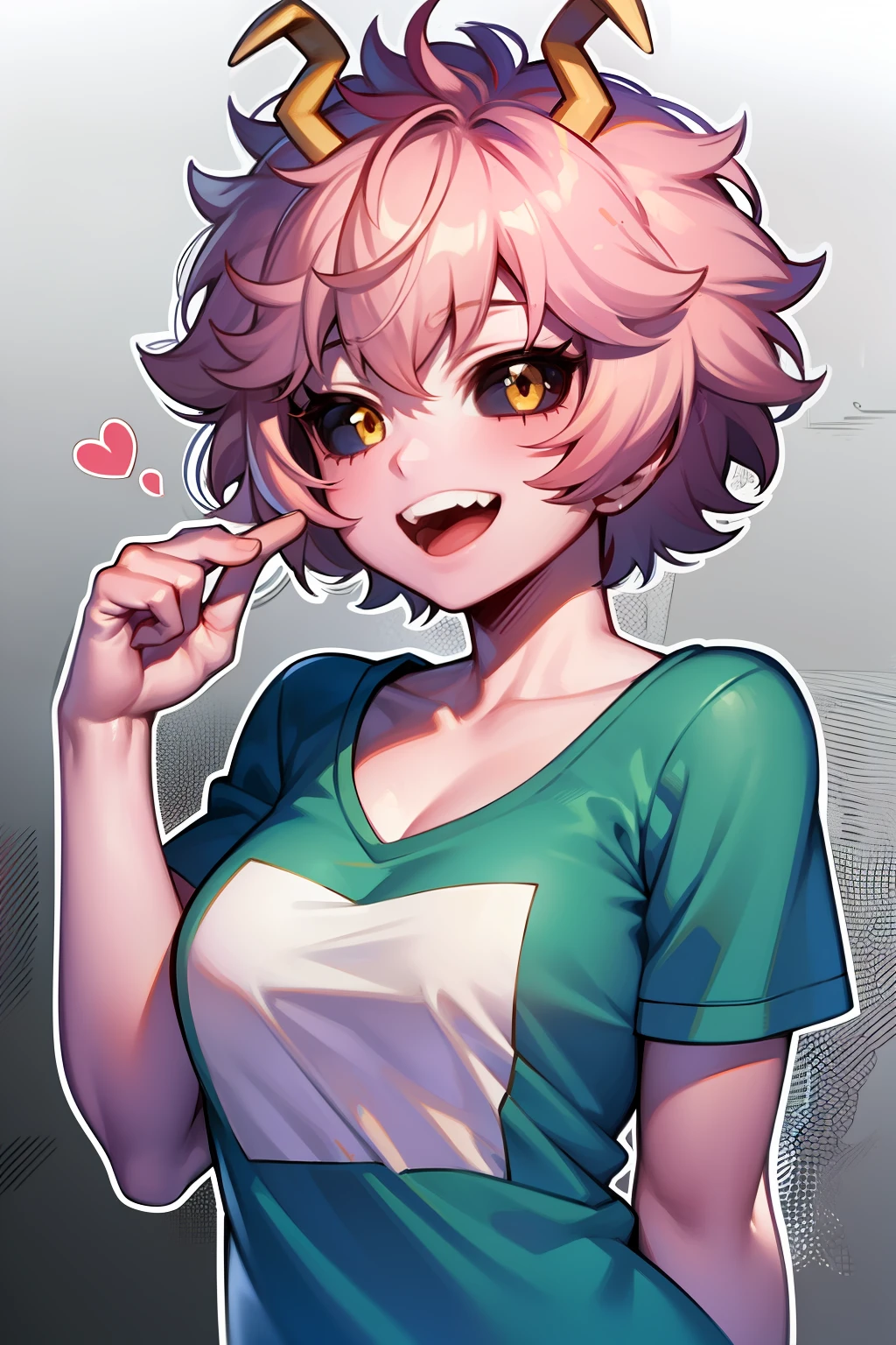 mina ashido, 1girl, solo, breasts, short hair, medium breasts, shirt, white background, collarbone, yellow eyes, upper body, pink hair, short sleeves, horns, teeth, colored skin, blue shirtteeth, happy, colored sclera, emphasis lines, black sclera, pink skin