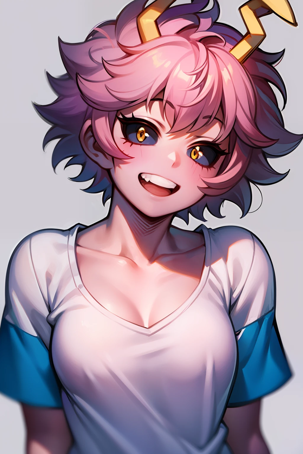 mina ashido, 1girl, solo, breasts, short hair, medium breasts, shirt, white background, collarbone, yellow eyes, upper body, pink hair, short sleeves, horns, teeth, colored skin, blue shirtteeth, happy, colored sclera, emphasis lines, black sclera, pink skin