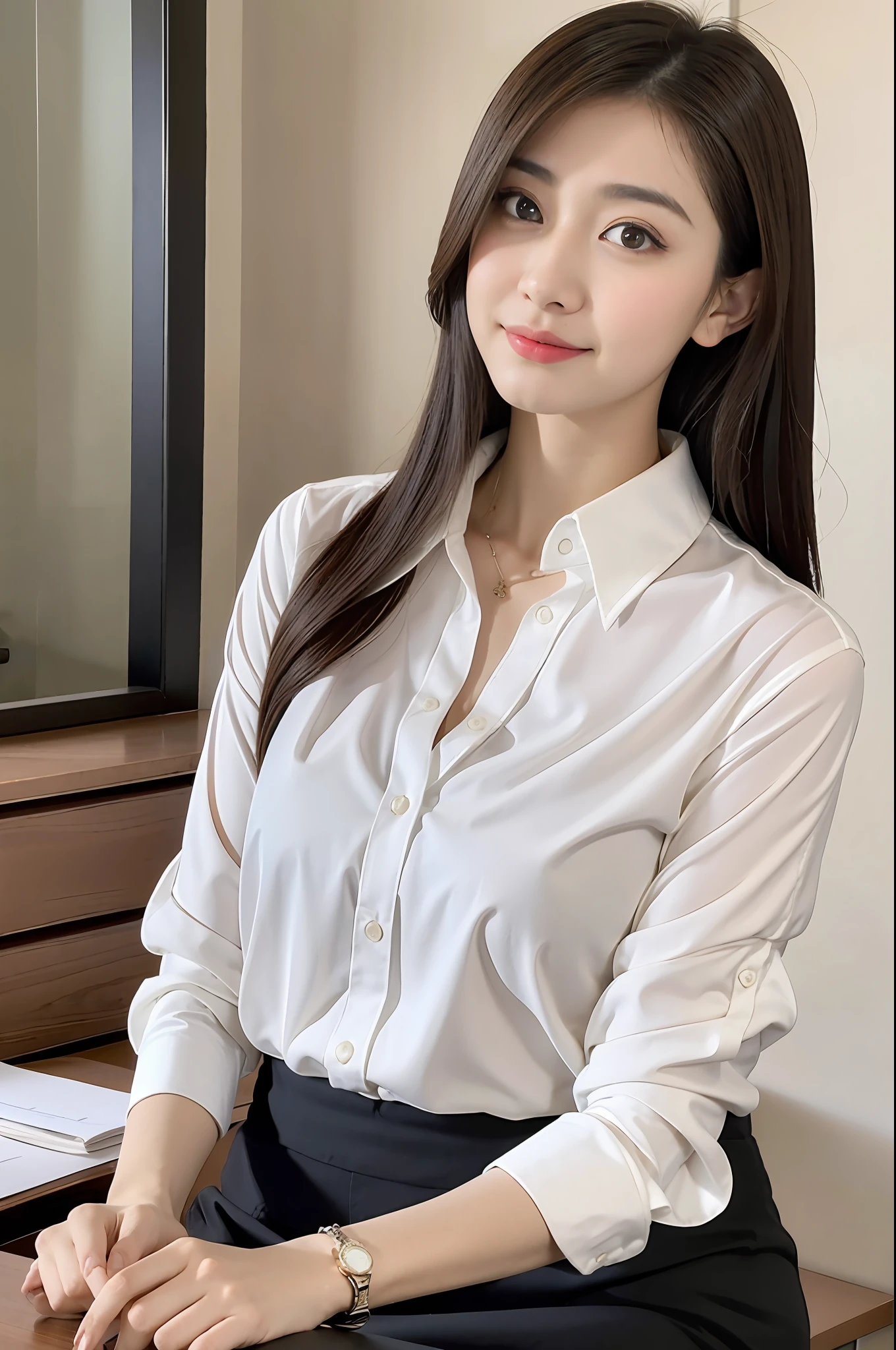 arafed asian woman in a white shirt and black skirt sitting on a desk, wearing in shirt, wearing a blouse, gorgeous chinese model, clothed in white shirt, open shirt, fine white shirt, korean girl, asian, open v chest clothes, office clothes, japanese goddess, wearing white shirt, elegant seducing pose, with backdrop of natural light, white blouse