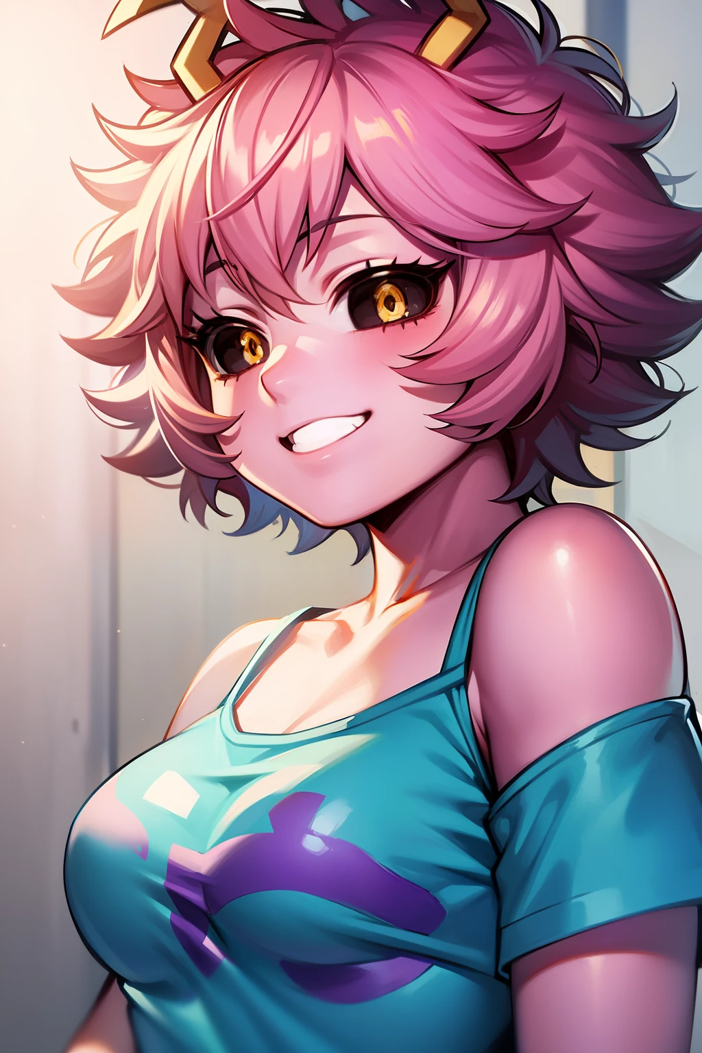 mina ashido, 1girl, solo, breasts, short hair, medium breasts, shirt, white background, collarbone, yellow eyes, upper body, pink hair, short sleeves, horns, teeth, colored skin, blue shirtteeth, happy, colored sclera, emphasis lines, black sclera, pink skin