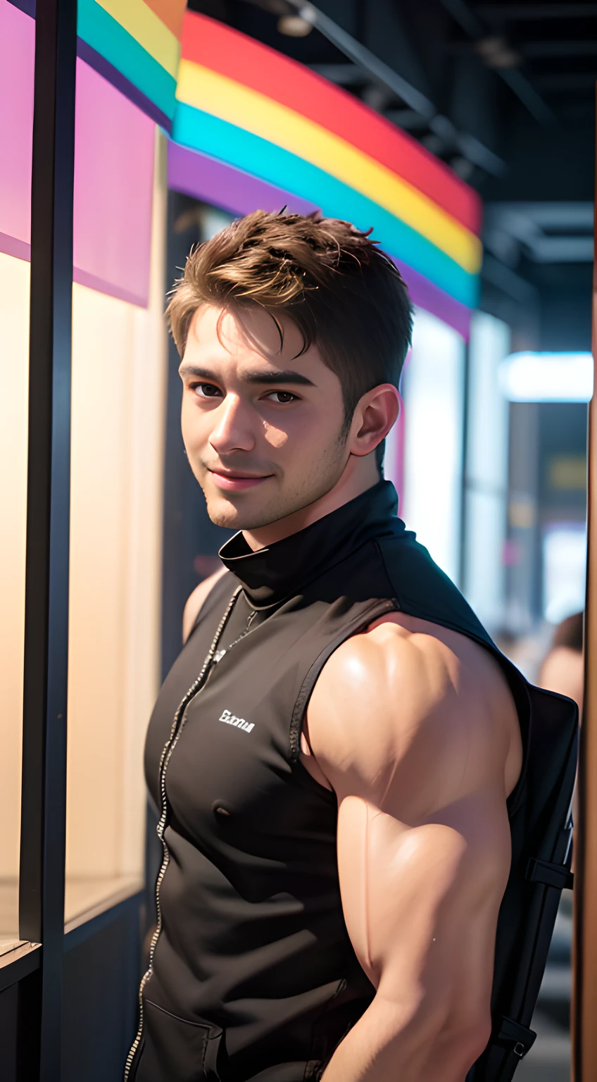 ((Men only)), (Cowboy Shot), (Handsome muscle man in his 20s in rainbow), (Rainbow flags on background), (rainbow hair), ((chris redfield)), Mischievous smile, (detaile: 1 in 1), Natural muscles, HIG quality, beautidful eyes, (Detailed face and eyes), (Face、: 1 / 2), Noise, Real Photographics、... ...........................................................................................................PSD, Sharp Focus, High resolution 8K, realisitic & Professional Photography, 8K UHD, Soft lighting, High quality, Film grain, FujifilmXT3