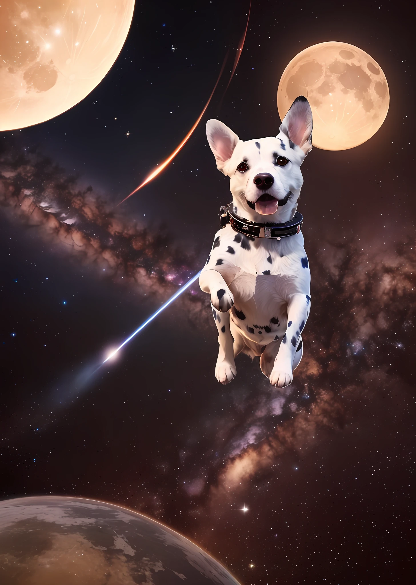 There is a dog that is flying in the sky with a moon, dog in a space suite, it is flying through space, flying in space, Flying through space, no universo.altamente realista, in space, in outer space, Flutuando na Nebulosa do Cosmos, floating in outer space, surreal space, floating in the space, in deep space, suspended in outer space