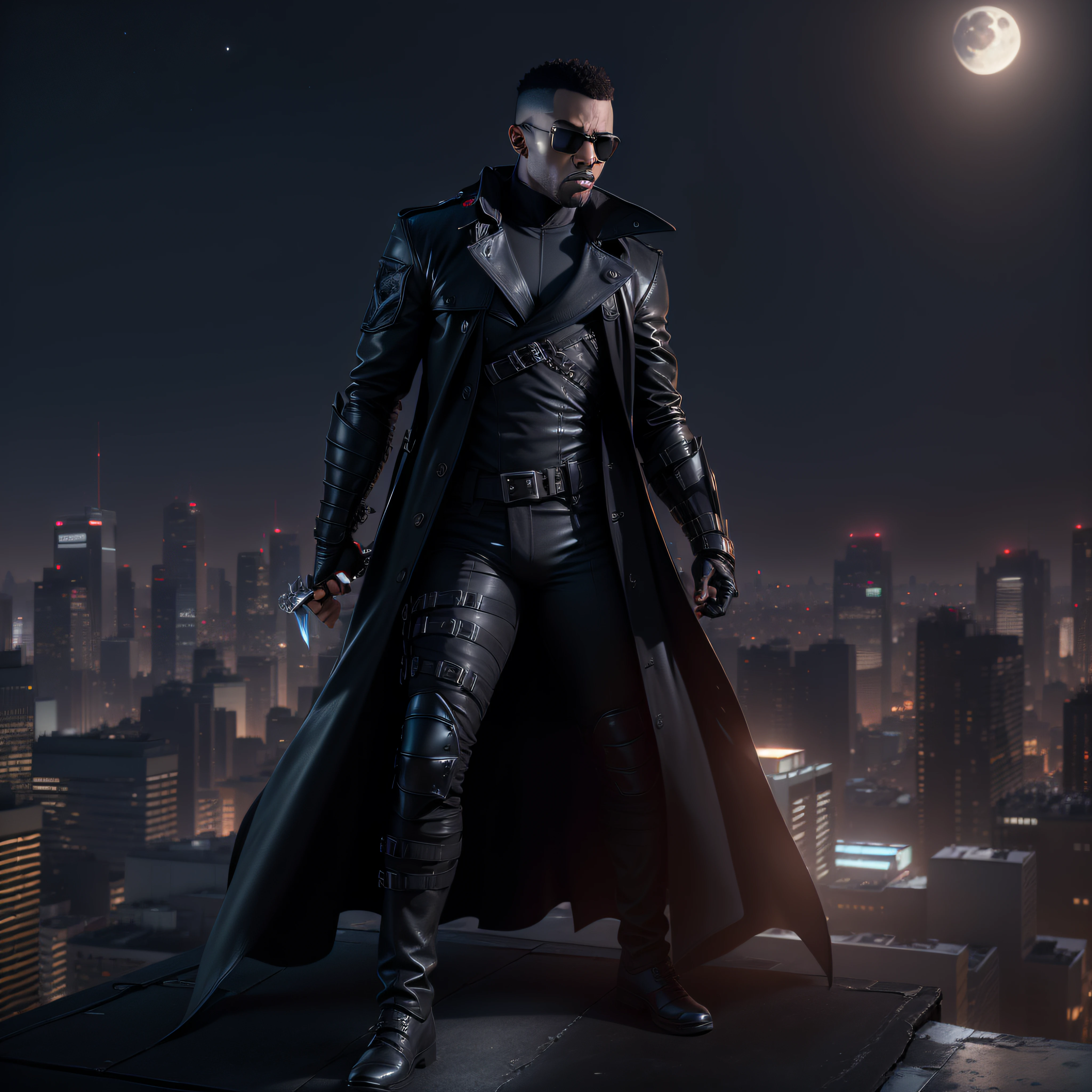 (Masterpiece, Superb Quality, Super Delicate, High Resolution) Vampire Daywalker, photo-realistic, octane render, unreal engine, ultra-realistic, (((Marvel comic's BLADE))) (((wearing shades))) (((wearing all black tactical armor))) (((black leather trench coat))) (((Sword on his back))) (((on a City rooftop))), moon in the background, ultra-realistic, Masterpiece, octane render, unreal engine