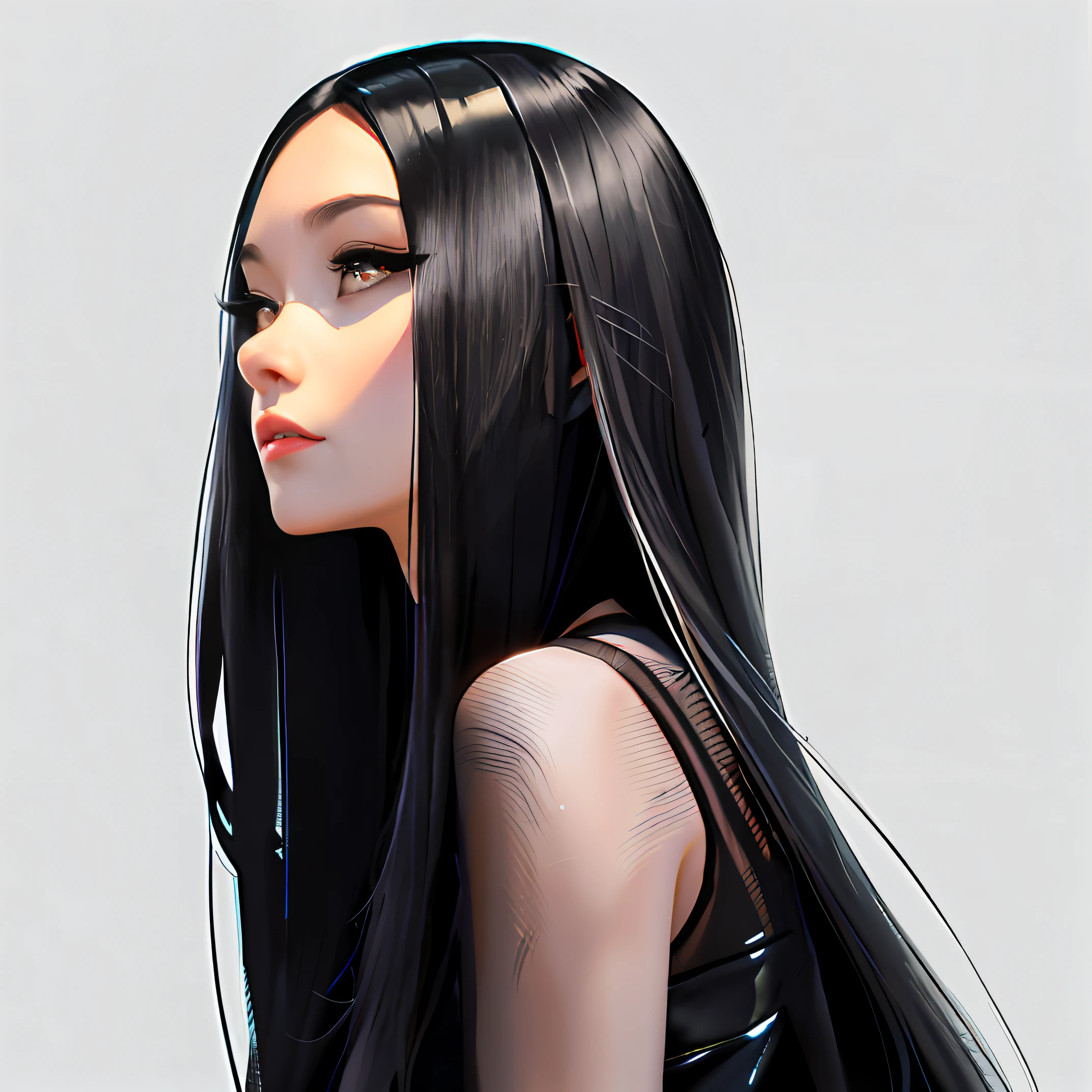 Photo of a woman with long black hair and a black shirt, Guviz-style artwork, rossdraws portrait, Digital anime illustration, Silver hair girl, Ross Tran style, style of aenami alena, Girl silver hair, Character art portrait, anime character portrait, Rosla 1. 0, 2d matte illustration, Anime style illustration