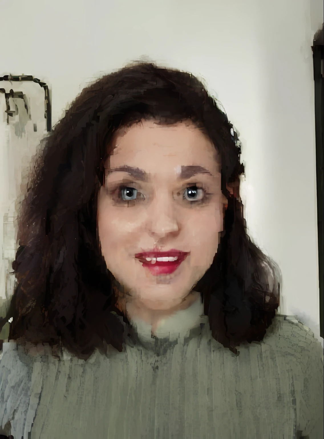 Woman with a green sweater and a smile on her face, foto de perfil headshot, Directed by: Emma Andijewska, Retrato Sophie Mudd, cheeky smile with red lips, halfbody headshot, sem maquiagem cabelo ondulado, Directed by: Nandor Soldier, Christina Kritikou, Directed by: Valéria Dénes, inspirado em Esaias Boursse, julia sarda