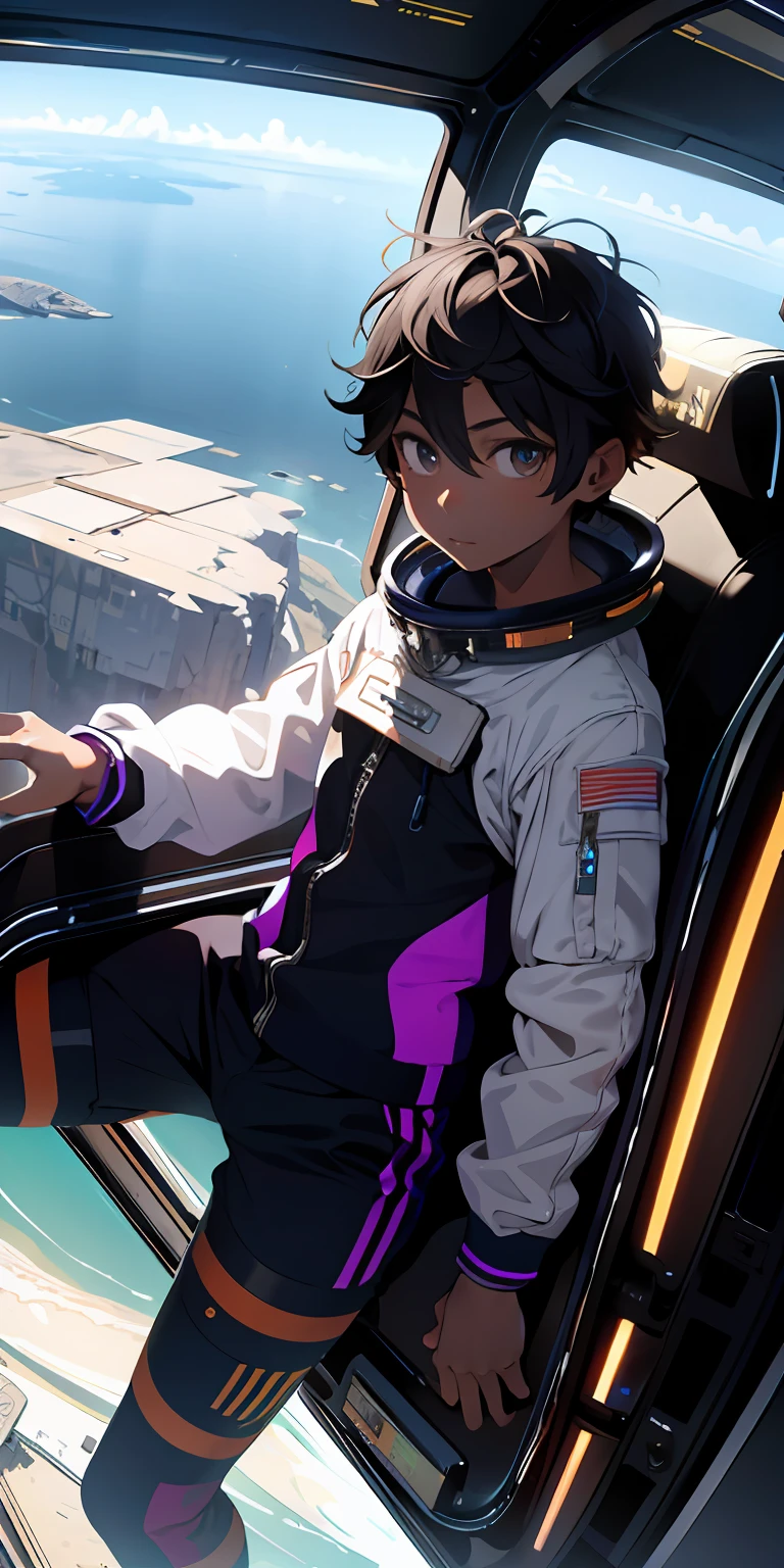 Ridiculous resolution, high resolusion, (obra maestra: 1.4), super detailed, 1boy, visto desde arriba, espacio, flotante, Black astronaut with orange and neon purple details, --v 6