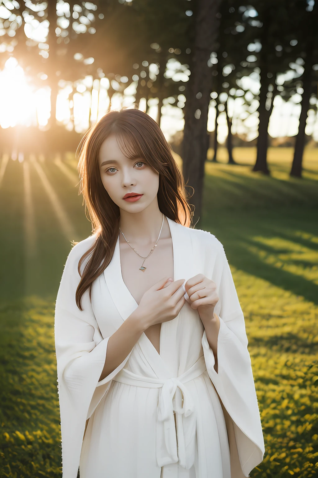 (8K, RAW photogr, Photorealistic:1.25),1girll,the setting sun,Pose,(robe blanche:1.2),Rainbow Color Necklace,(of a real:1.4),conservative girl,full body Esbian,Lens Flare Glow,Textured skin