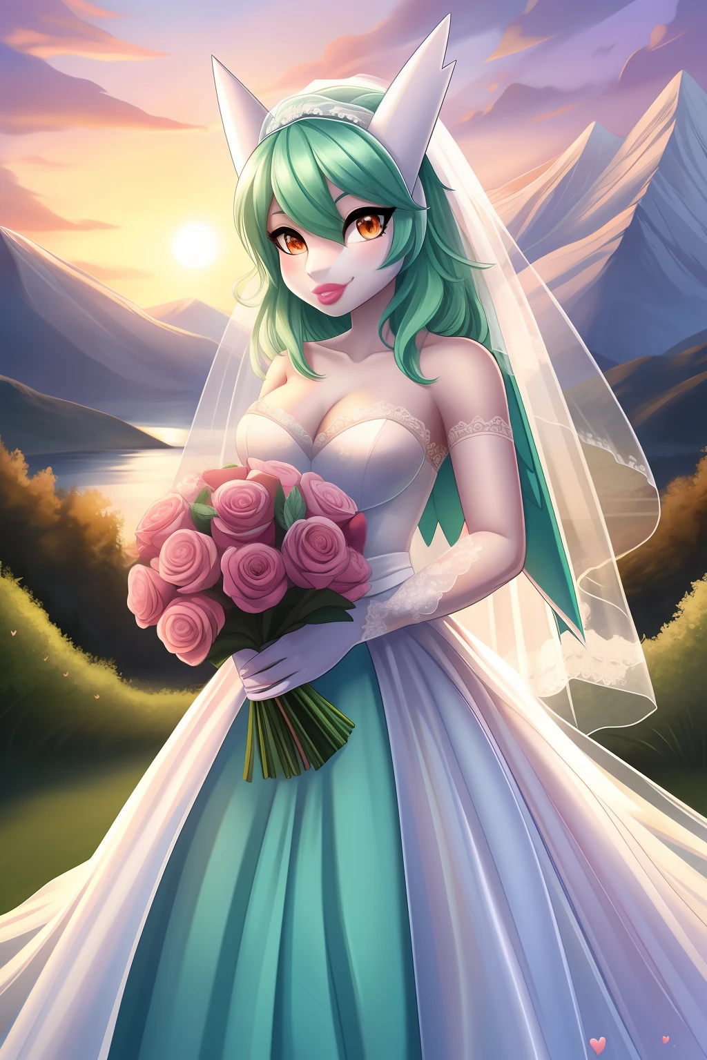 masterpiece, best quality, 8k, Sexy shiny Latios, mint green body, (long mint green hair), furry art, anthropomorphic Pokémon, medium breasts, orange eyes, (perfect eyes), (perfect lips), (detailed eyes), mountain, rising dawn, bedroom eyes, hearts eyes, aroused, pink lipstick, detailed lips, triangle wings, hair blowing in the wind, shining aura, (white face veil), lace veil, wedding dress, pink lipstick, kiss pov, holding a wedding bouquet, floating hearts, pink mist, romantic fantasy, sweet smile, kissable lips