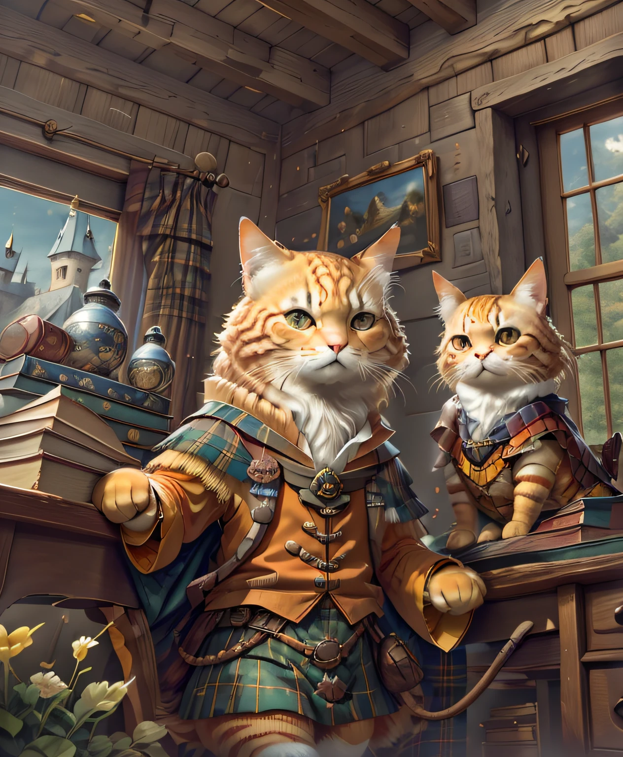 Close up photography （Golden tabby cat：1.2）anthropomorphic turtle， Harry Potter，Scottish plaid skirt，In the background is a European castle，Scotland，England（c4ttitude：1.3），Large wide angle， Ultra photo realsisim， intricately details， （Mist：1.1），