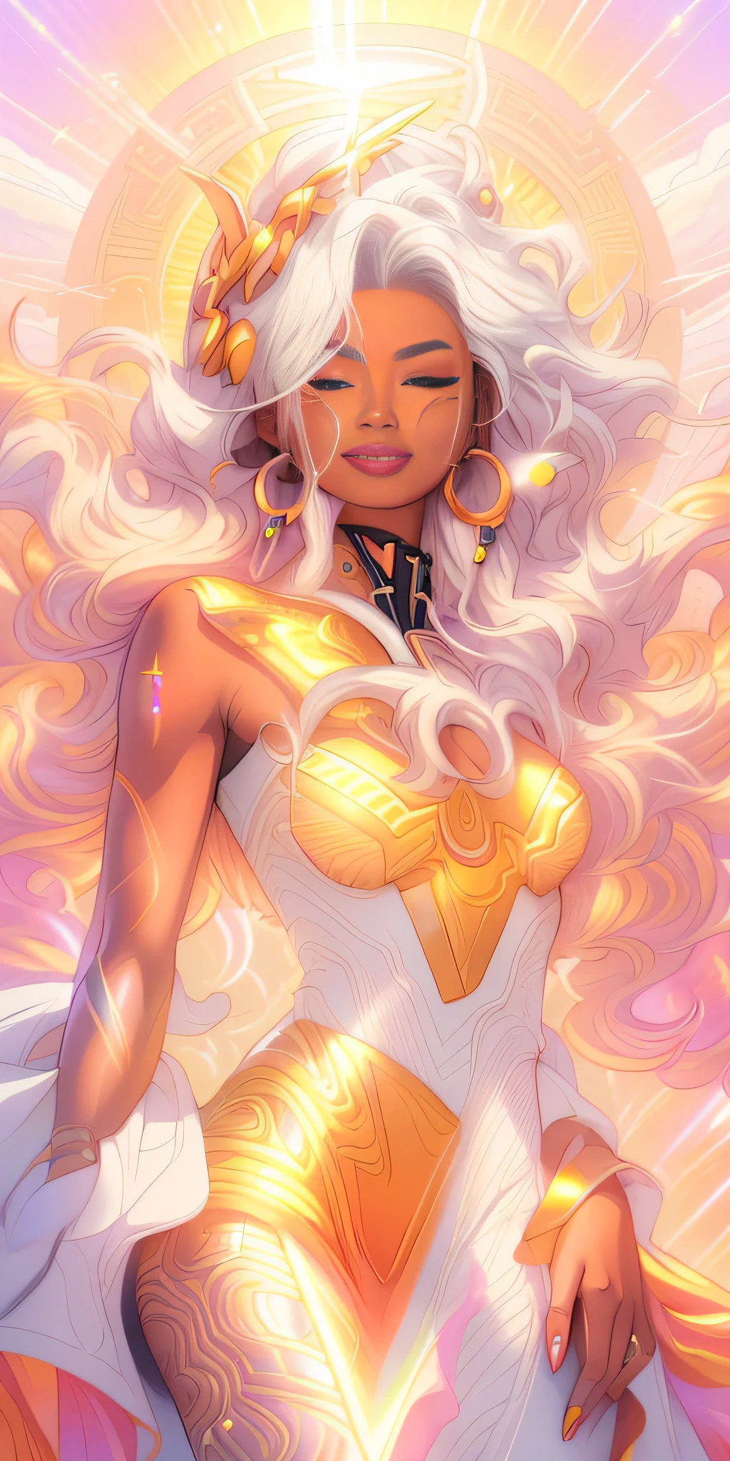 a drawing of a woman with white hair and a yellow dress, rossdraws | afrofuturism, rossdraws cartoon vibrant, orange yellow ethereal, lois van rossdraws, yellow aura, jen bartel, artgerm julie bell beeple, goddess of the sun, orange halo around her head, portrait of ororo munroe, as the goddess of the sun