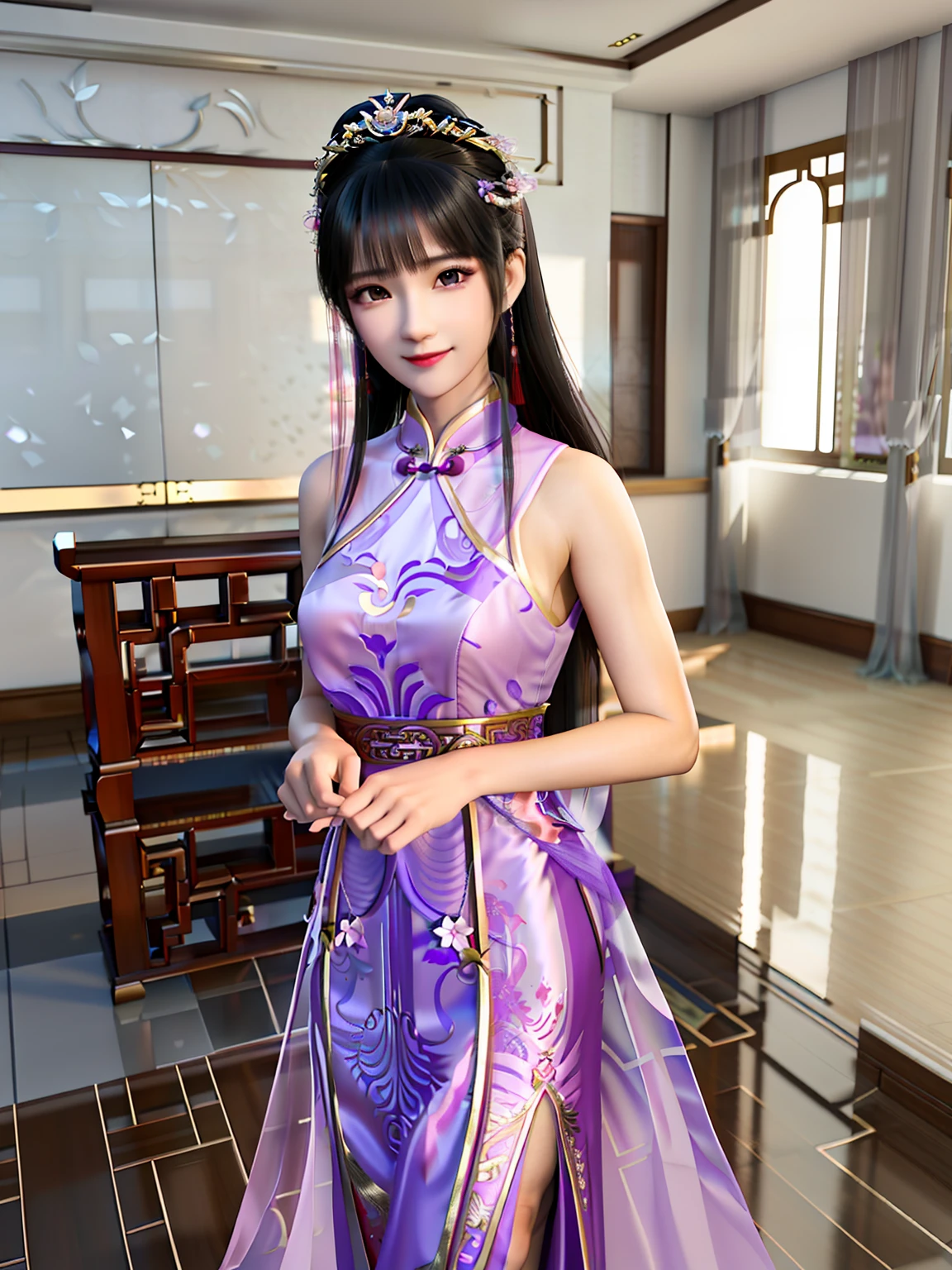 An Alafi woman in a purple dress poses in the room, Cheongsam, Chinese dress, cute elegant pose, wearing long gown, elegant smiling pose, Purple dress, gorgeous chinese models, sexy gown, Dressed in elegant dresses, iray, with acient chinese clothes, Chinese girl, Sexy dress, Chinese costume, smooth 3d cg render, trending at cgstation