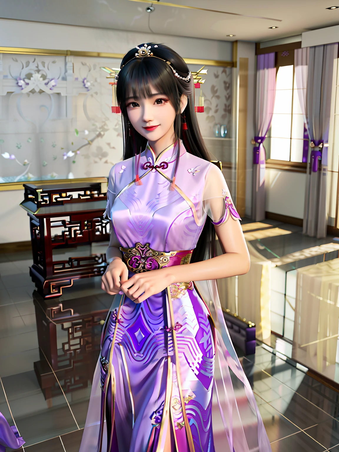 An Alafi woman in a purple dress poses in the room, Cheongsam, Chinese dress, cute elegant pose, wearing long gown, elegant smiling pose, Purple dress, gorgeous chinese models, sexy gown, Dressed in elegant dresses, iray, with acient chinese clothes, Chinese girl, Sexy dress, Chinese costume, smooth 3d cg render, trending at cgstation