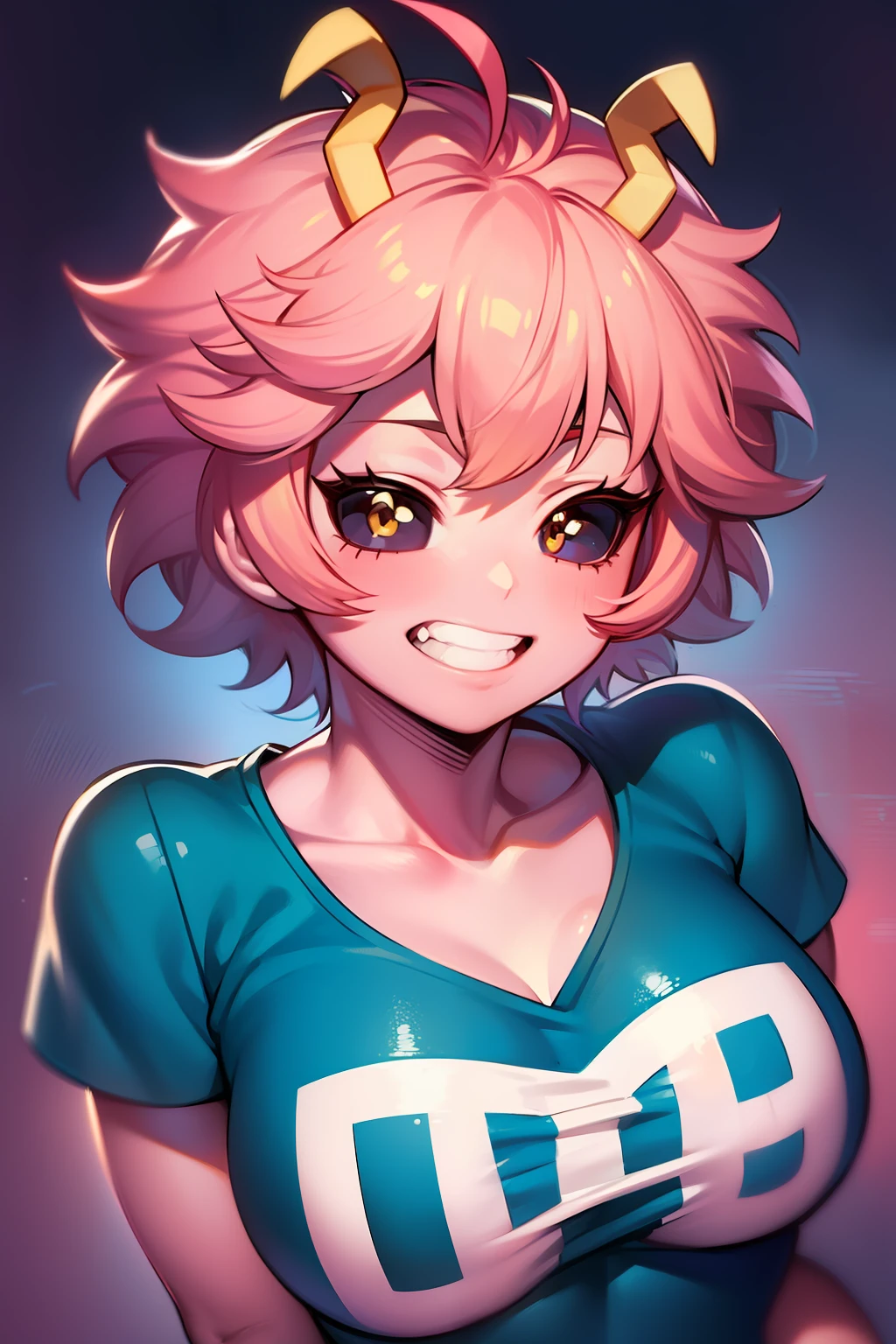 mina ashido, 1girl, solo, breasts, short hair, medium breasts, shirt, white background, collarbone, yellow eyes, upper body, pink hair, short sleeves, horns, teeth, colored skin, blue shirtteeth, happy, colored sclera, emphasis lines, black sclera, pink skin