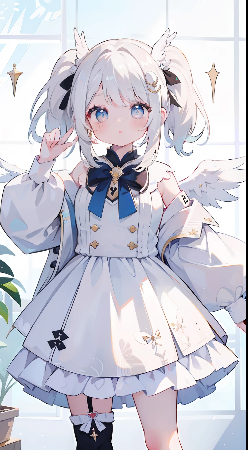 One Girl、white hair、Medium hair、Twin-tailed、Small twin tails、Angel Wing Hair Ornament、masterpiece、top-quality、Top image quality、cute little、Idol costumes、