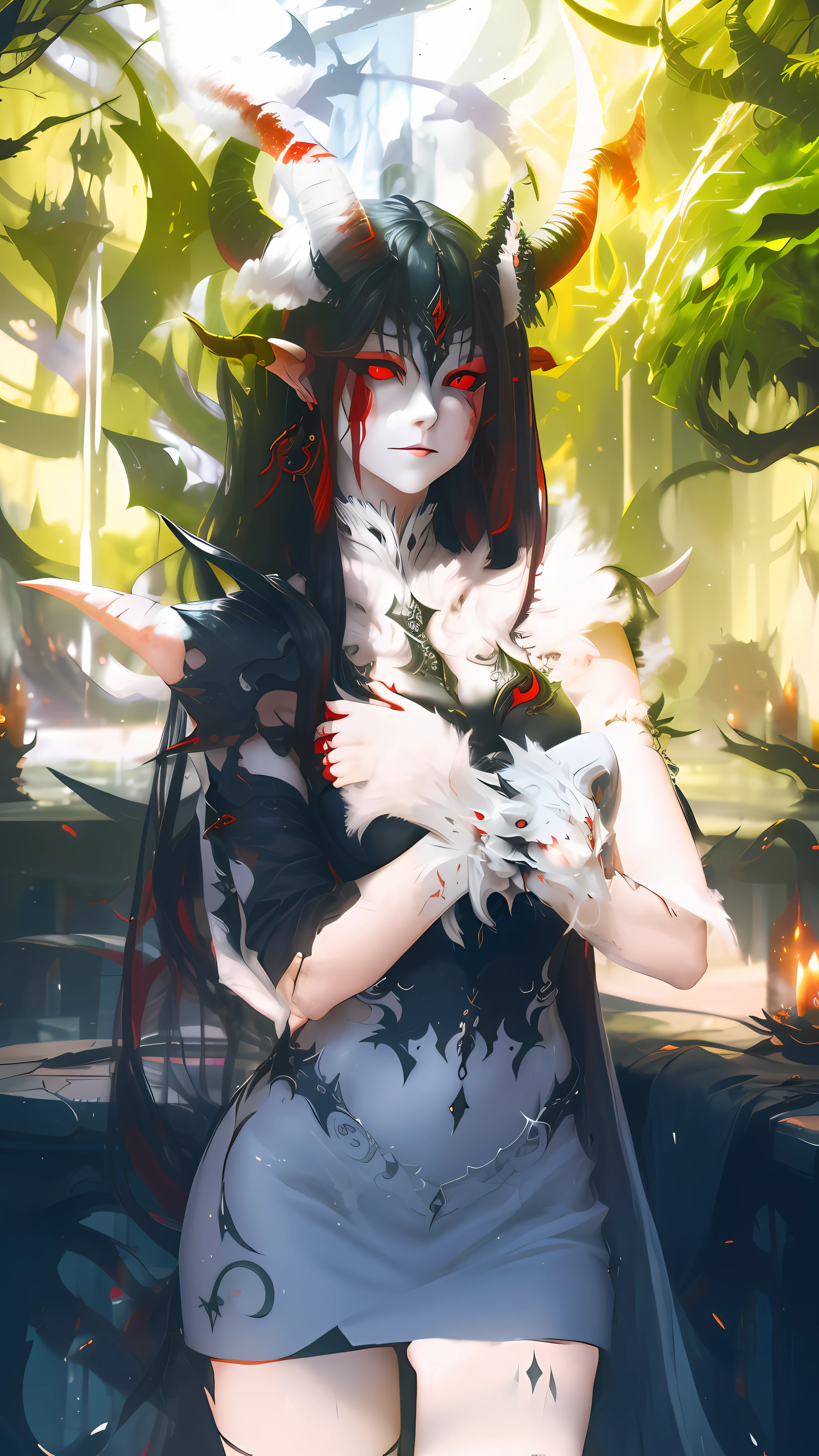 Demon with human face, horns, and a red forked tongue.red eyes and earrings on the ears. With long, black claws, best quality , masterpiece, high resolution, 4k