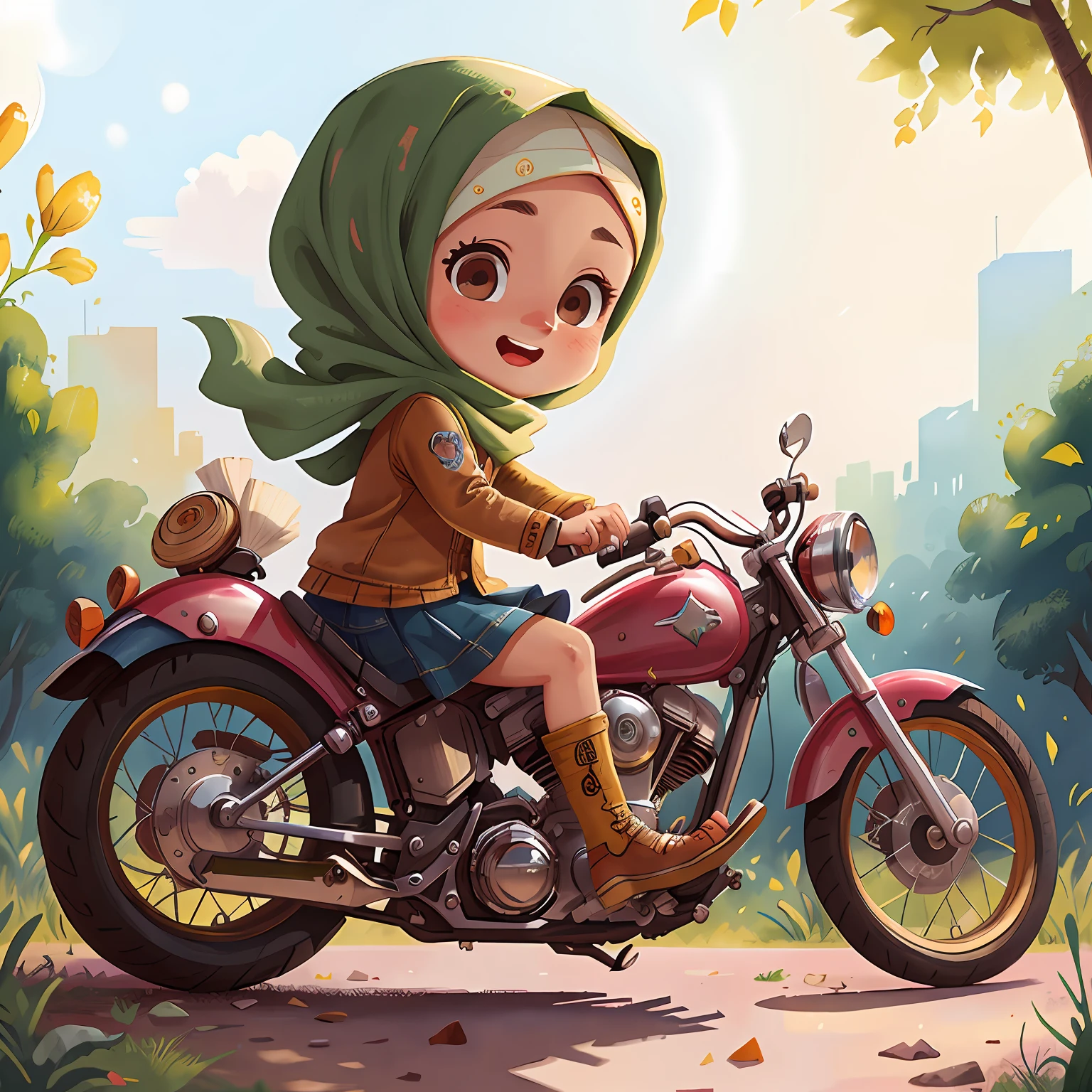 A little hijab girl riding a harley Davidson, nature, dynamic, Watercolor, full body view, perfect quality, (masterpiece: 1.2) (Bokeh background) (Best quality) (Detailed Skin: 1.3) (Intricate Details) (8K) (Detail Eyes) (Sharp Focus), (Happy), best lighting