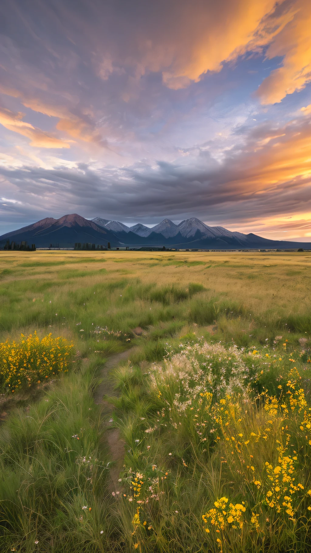 Grasslands, wildflowers, rivers, distant snow-capped mountains, sky, large stretches of clouds, sunset, light penetrating clouds to the ground, wide-angle lens shot