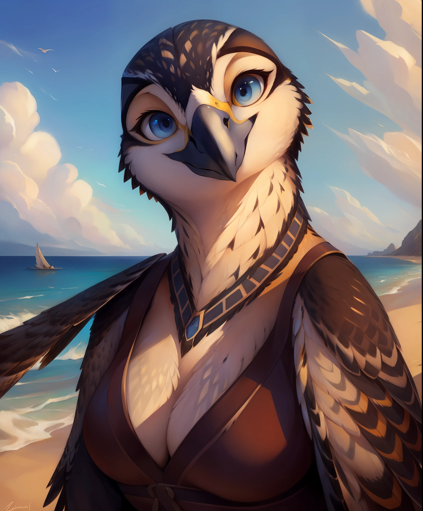 einshelm, honovy hioshiru personalami, ((peregrine falcon)), beak, avian, feathers, female, beach, ((smile)), blue eyes, close up