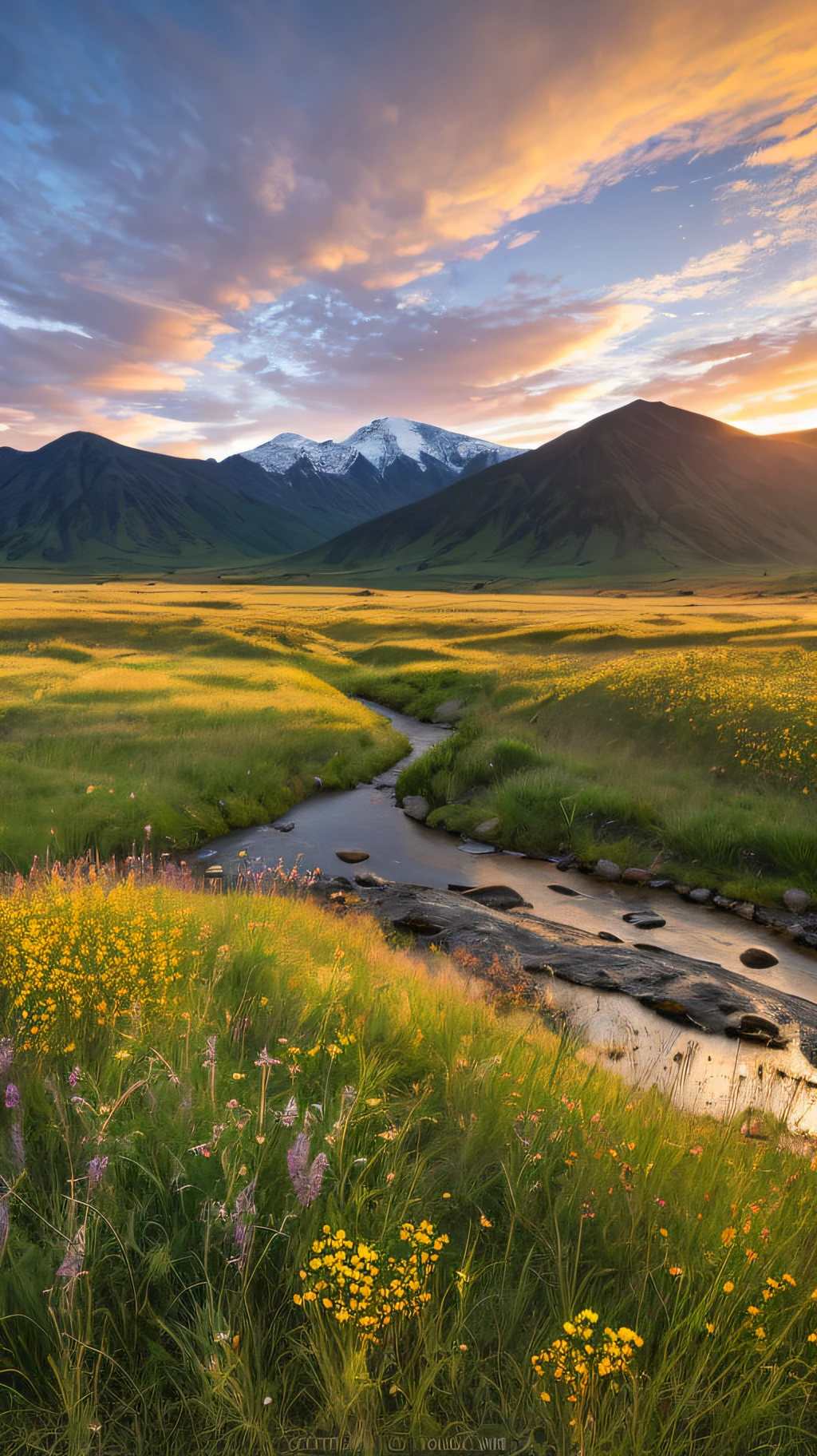 Grasslands, wildflowers, rivers, distant snow-capped mountains, sky, large stretches of clouds, sunset, light penetrating clouds to the ground, wide-angle lens shot