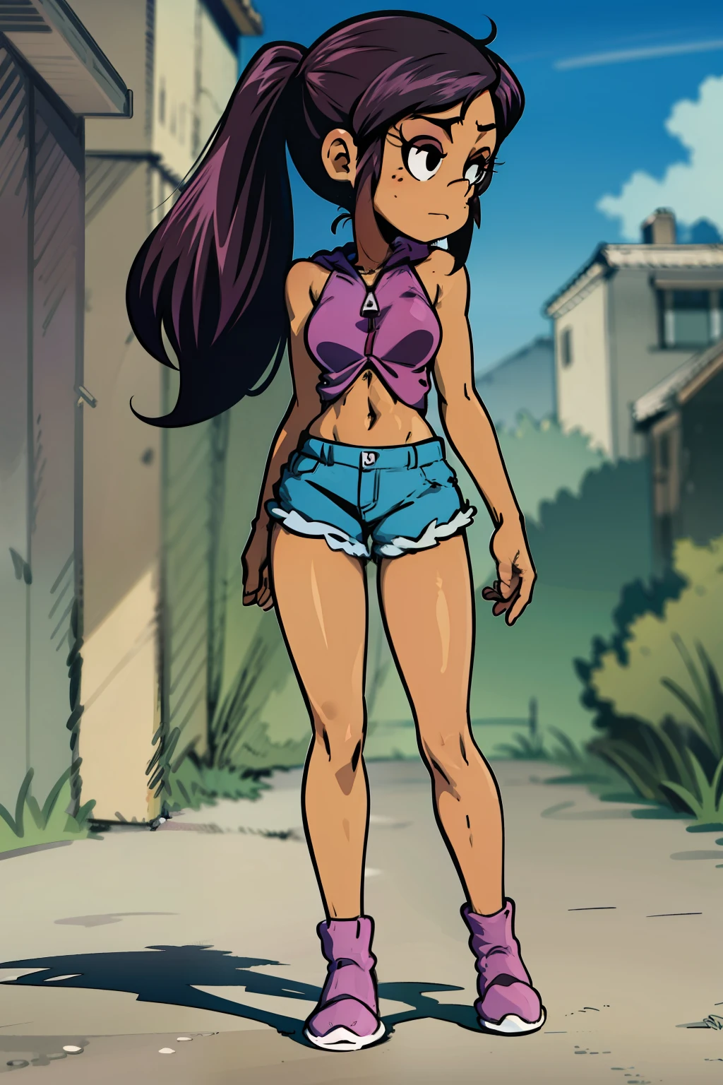 Ronnie Anne, purple hoodie, shorts, black eyes, ponytail, tanned skin, full body, (same character front, back, side view) cartoon-anime, bare arms, bare shoulders
