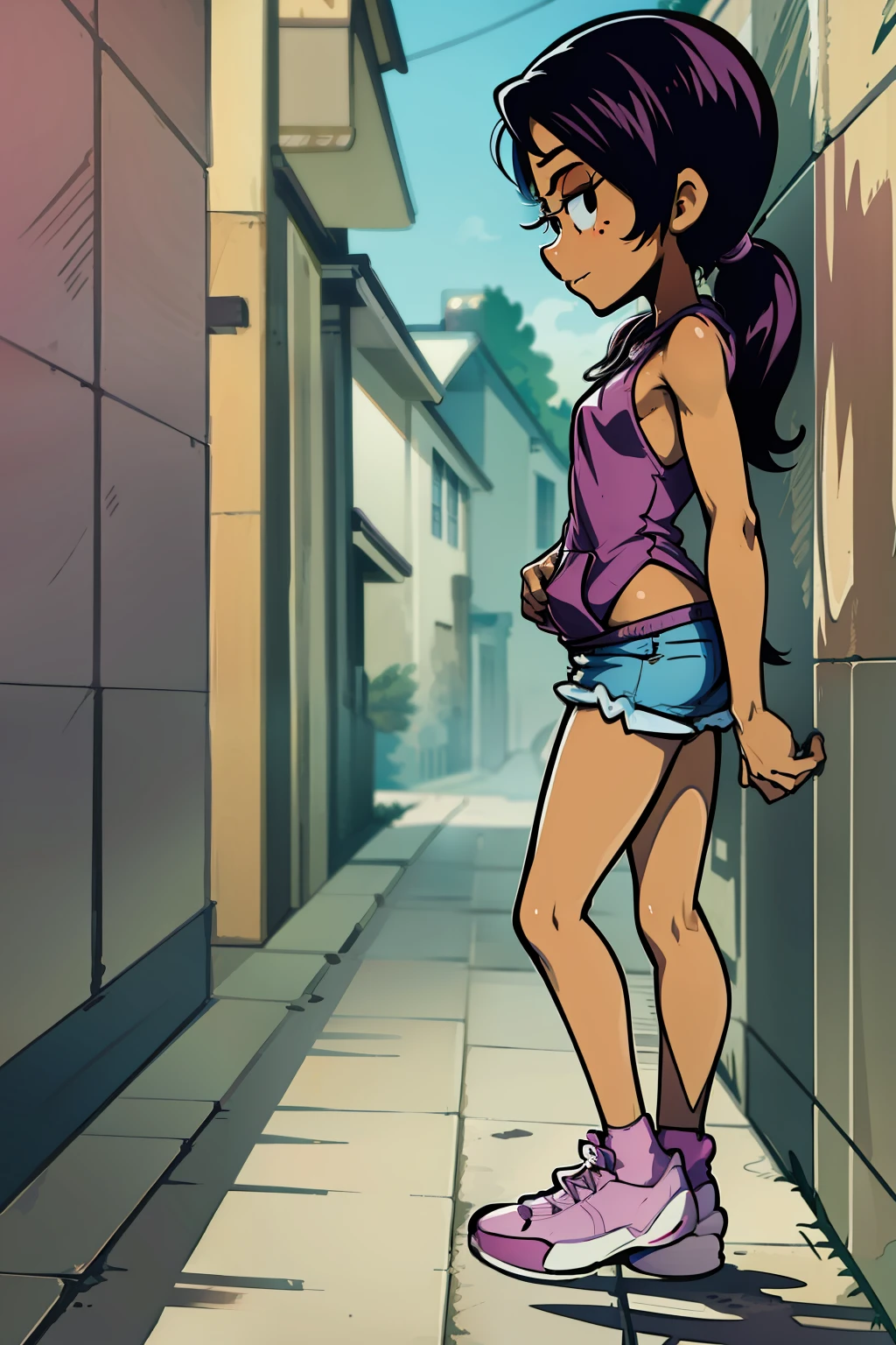 Ronnie Anne, purple hoodie, shorts, black eyes, ponytail, tanned skin, full body, (same character front, back, side view) cartoon-anime, bare arms, bare shoulders