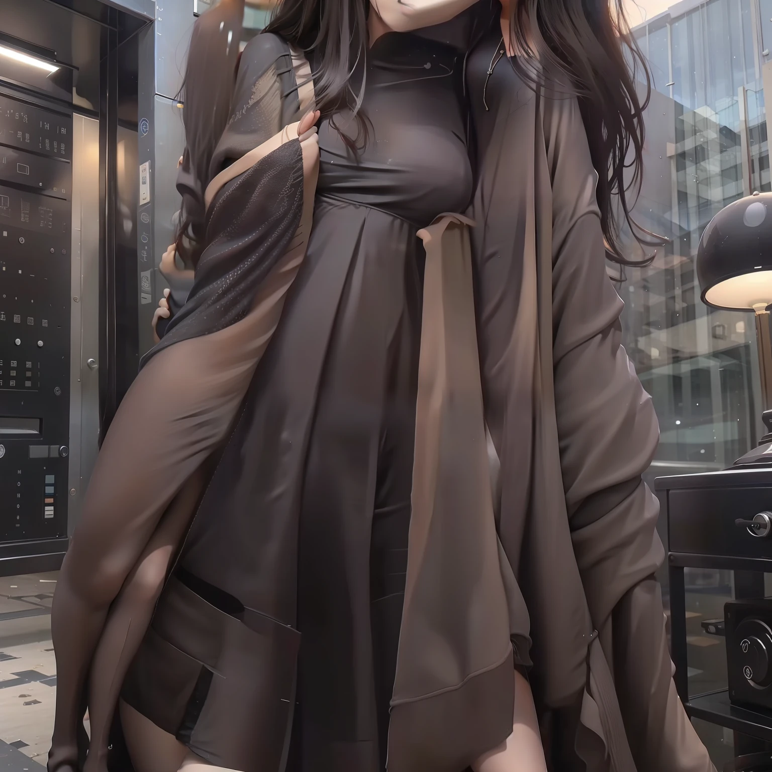 She's a girl,Slim,She has long black and thick hair,And long hair fluttering,The figure is good,Dress cooler today