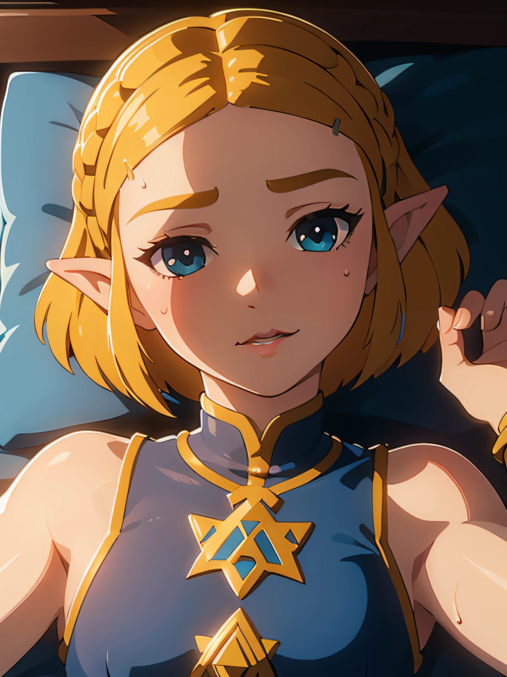 nsfw,
masterpiece, best quality, highly detailed,
Short bob,
zelda\(princess\),
((pubic hair)),

full—face blush,
sweat,light smile,
lying in bed,
after sex, 
cum in mouth,
close up,
bukkake,