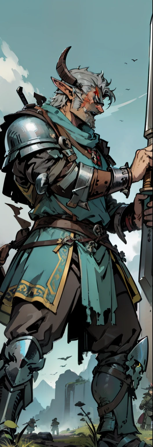 fantasy medieval illustration, male orc, elf ears, pointing teeth, drooling, warrior, grey skin, holding a war hammer, spikes and skulls on rough armor, attack position, anger face