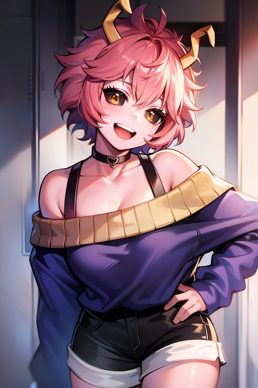 mina ashido, 1girl, solo, looking at viewer, smile, short hair, open mouth, simple background, long sleeves, white background, bare shoulders, collarbone, yellow eyes, pink hair, :d, heart, cowboy shot, horns, shorts, off shoulder, sweater, hand on hip, v, colored skin, black shorts, colored sclera, black sclera, off-shoulder sweater, pink skin, v over eye, purple sweater