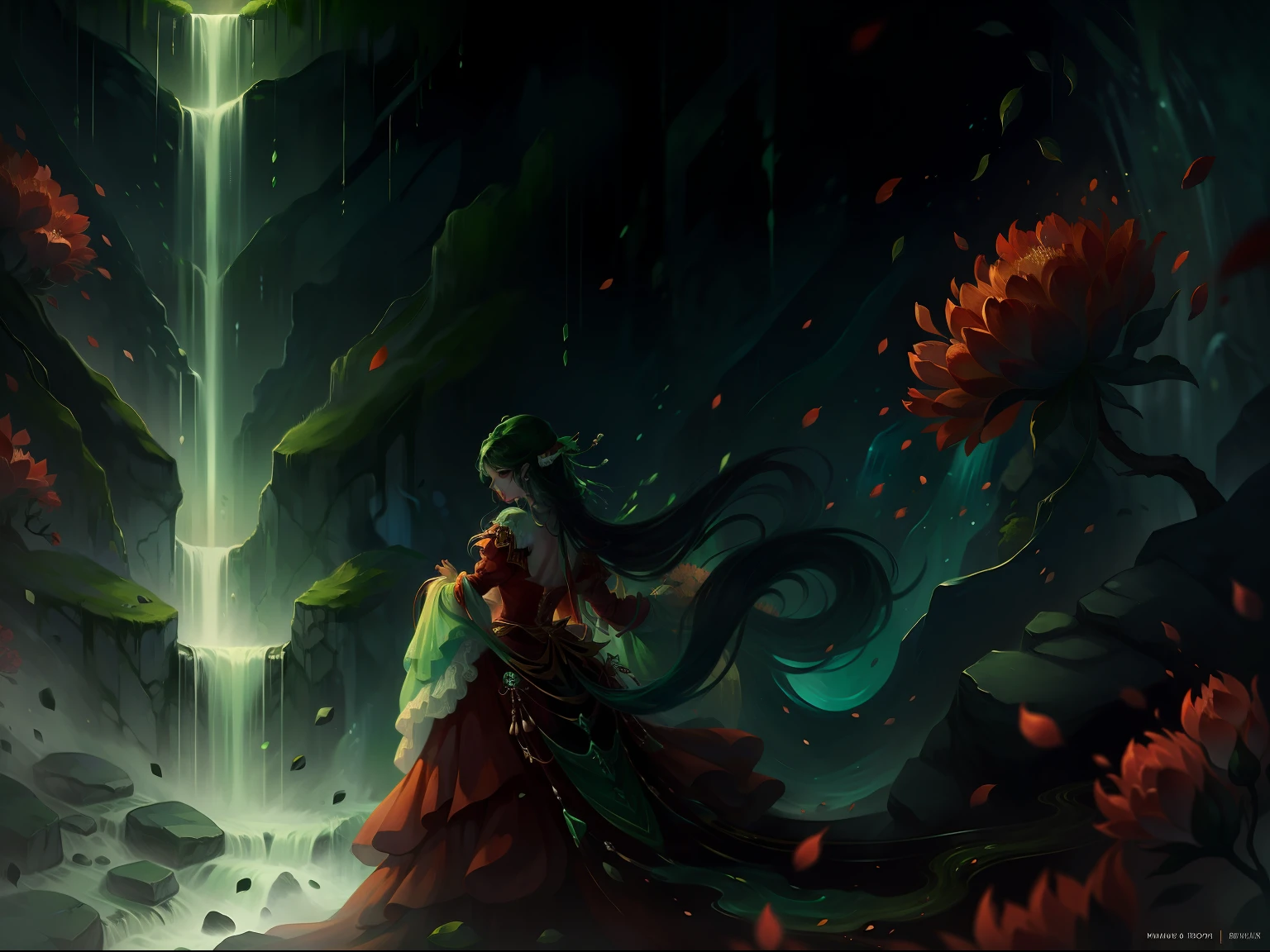 Red clothes,Young woman,period costume,Face away from the picture,Back Shadow,Long hair like a waterfall,Green trees and flowers in the background
