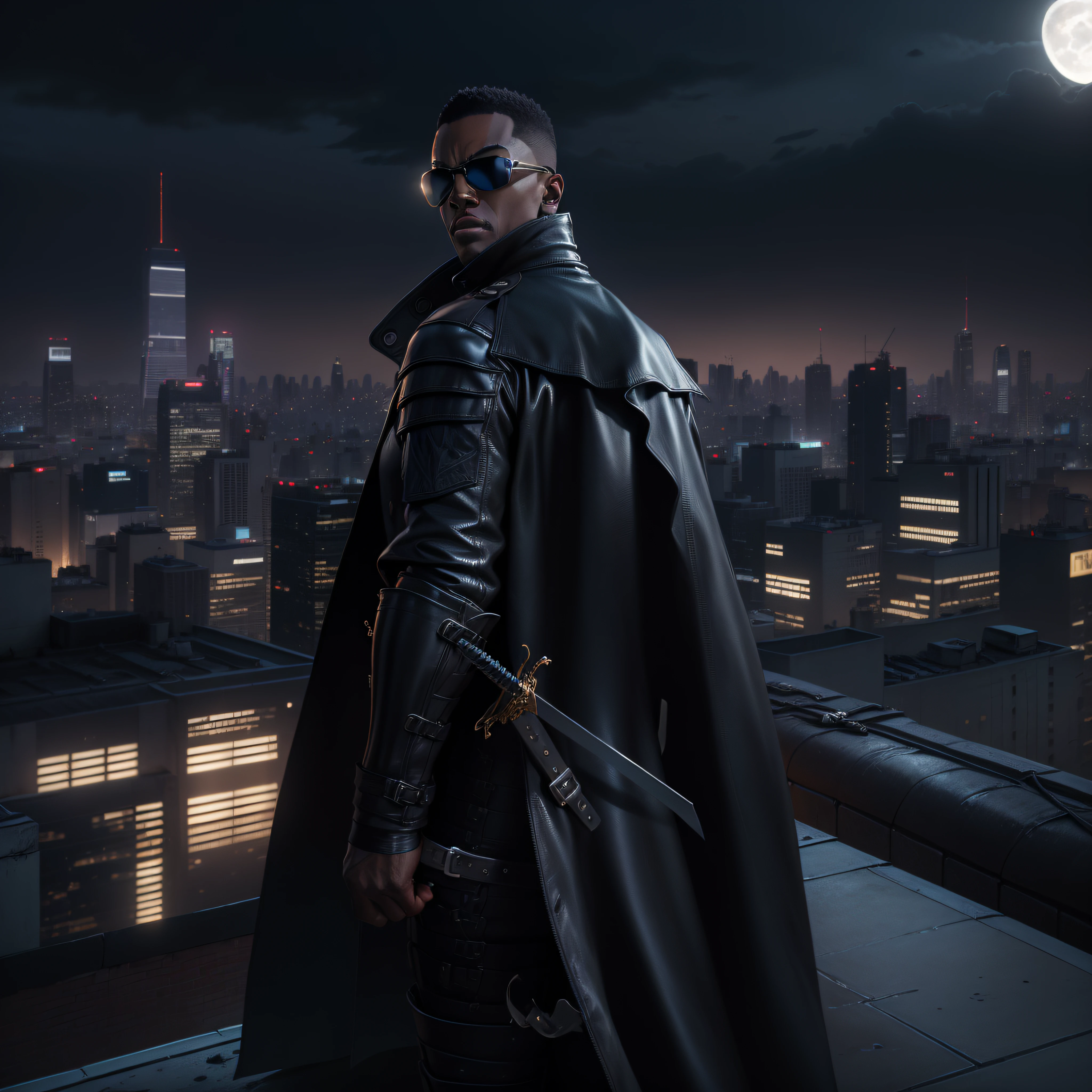 (Masterpiece, Superb Quality, Super Delicate, High Resolution) Vampire Daywalker, photo-realistic, octane render, unreal engine, ultra-realistic, (((Marvel comic's BLADE))) (((wearing shades))) (((wearing all black tactical armor))) (((black leather trench coat))) (((Sword on his back))) (((on a City rooftop))), moon in the background, ultra-realistic, Masterpiece, octane render, unreal engine