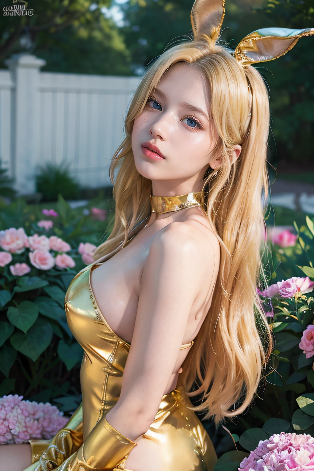 1girl, (Blue eyes), ((Full Shot FS)), ((Eye Level)), happy face, ((Sana Minatozaki)), wide hips, Big breasts, big butt, (Best Quality, 8k, Masterpiece: 1.3)), Clear focus: 1.2, Perfect body beauty: 1.4, Slender abs: 1.2, Wet body: 1.5, Highly detailed face and skin texture, detailed eyes, double eyelids ((long blonde hair)), arms extended, kiss, ((kissing the camera)), gold bodysuit, choker, black pantyhose, playboy girl, bunny ears, rabbit tail, flowery garden of a mansion