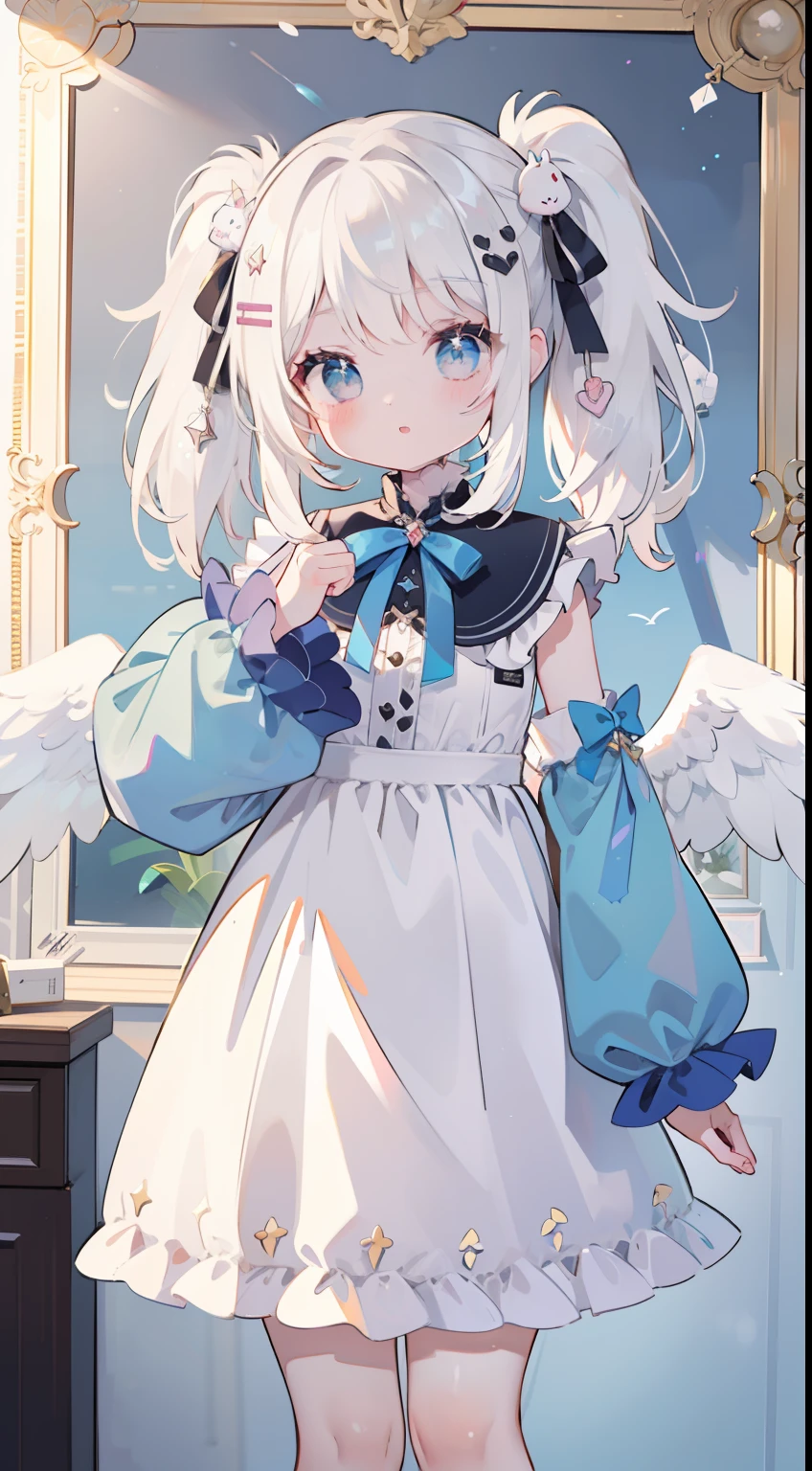 One girl、white hair、Medium Hair、Twin-tailed、Small twin tails、Angel Wing Hair Ornament、masterpiece、top-quality、Top image quality、cute little、Idol Costumes、Shoulder Length Clothing、Moe Sleeve、Rough picture frame