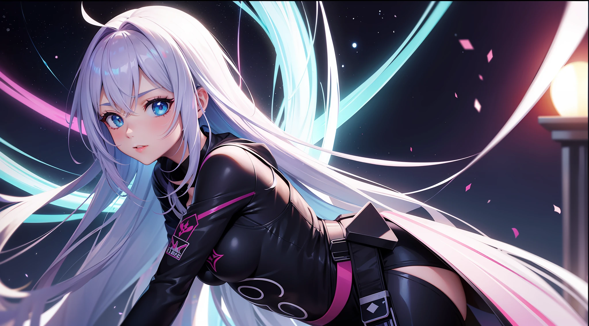Mulher ninja com fone de ouvido sentido paz, olhos brilhantes com estrela, rosto bonito, cores RGB, cabelo rosa brilhante, colorido anime, fundo brilhante, Banner for youtube video, menina feliz, nuvens com cores RGB, cores RGB brilhantes, completo, ser celestial, garota gamer..