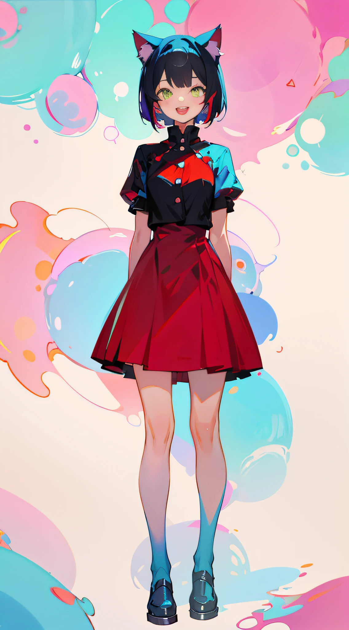 full body, upright, arms at sides, looking at viewer, pure-colored background, 1girl, open mouth, cat ears, smile, colored in Abstract expressionist style