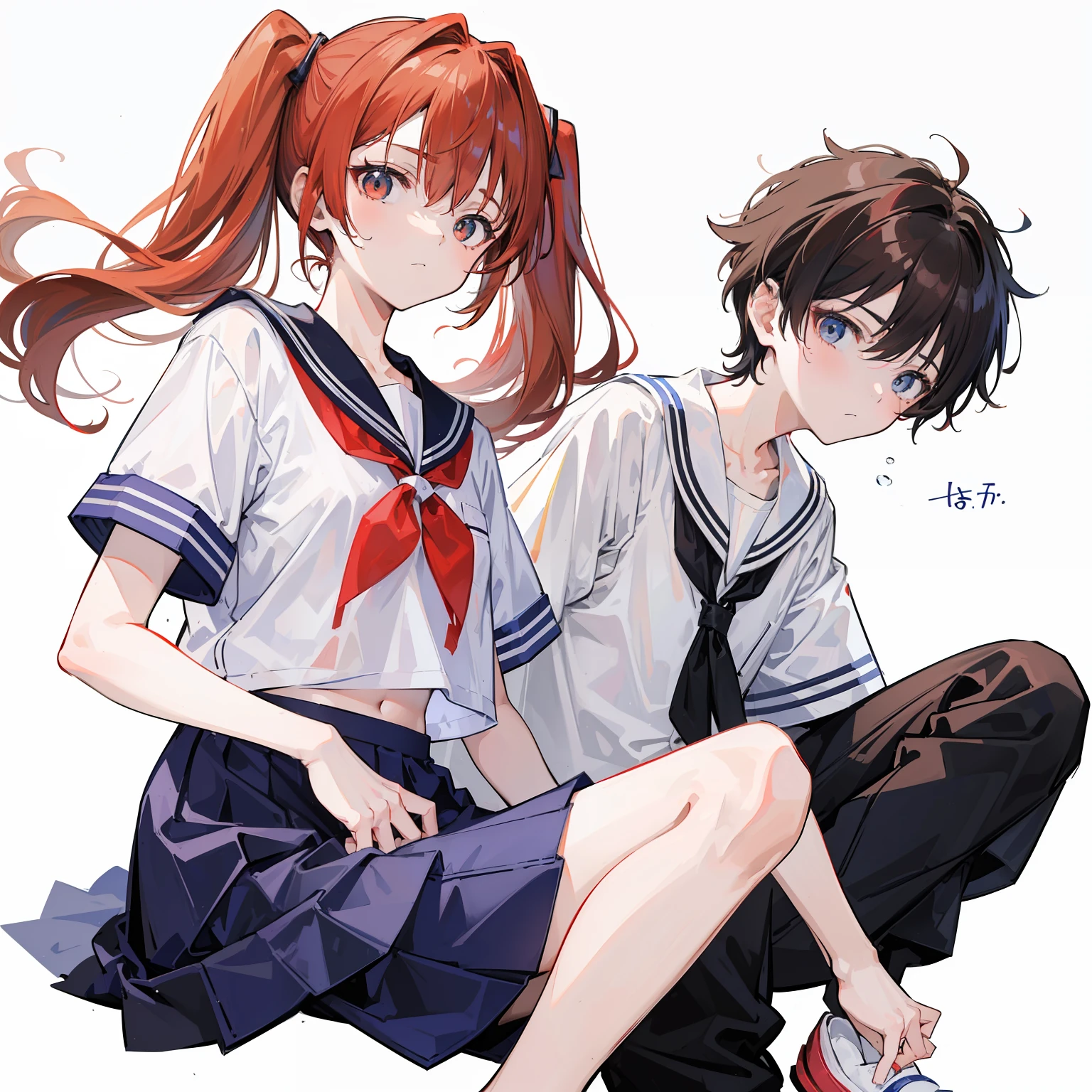 (Asuka Langley and Shinji Ikari、校服、simple background、a sailor suit、Boy with black hair、Lovers、Japan junior high school students、Black Flat Shoes、Boy in long pants、Male child、Boy in white short sleeve button shirt、Girl in a light blue sailor suit with short sleeves、Girl in a light blue skirt、Girl with red-brown hair color、Male child) One boy is depicted、One girl is depicted