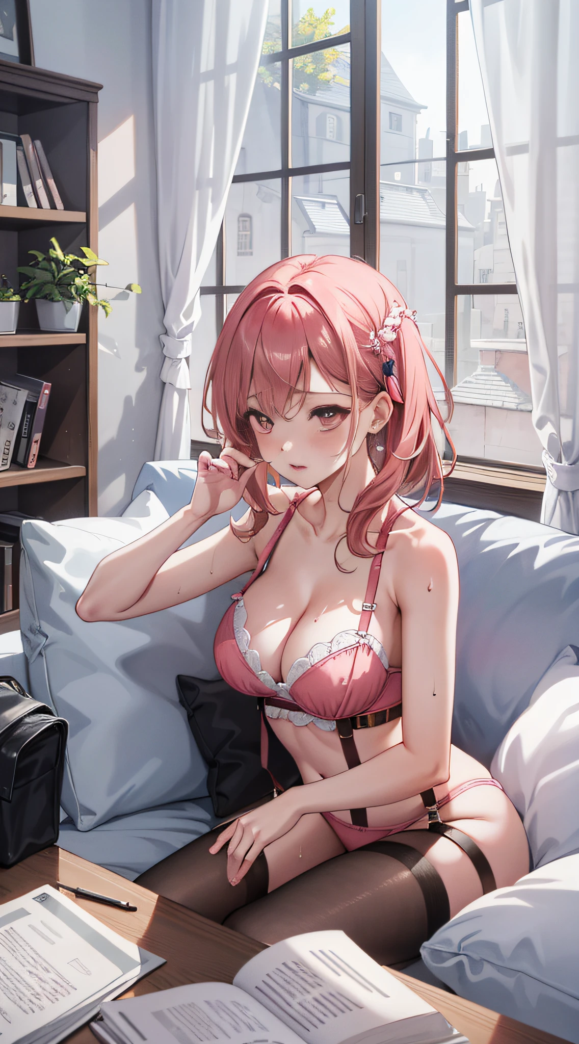 The charming royal sister has a pink glow, sensual lingerie, Suspender stockings, looking at viewert, busty figure, fleshy feeling, Sweat profusely, Perfect details, High-resolution fine textures, Depth of field effect, Brilliant lighting effects, lightand shade contrast, Ray tracing and flare effects, Best texture, Genre painting