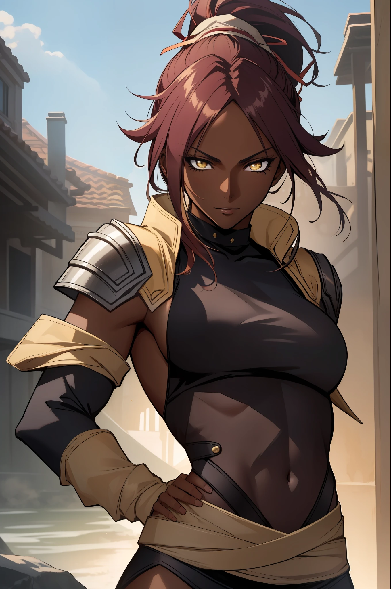 (masterpiece, best quality),  intricate details, 8k, artstation, wallpaper, official art, splash art, sharp focus,
1girl,  solo, shihouin yoruichi, (dark skin, dark-skinned female:1.2), ponytail, 
 cropped-fc,  underboob,